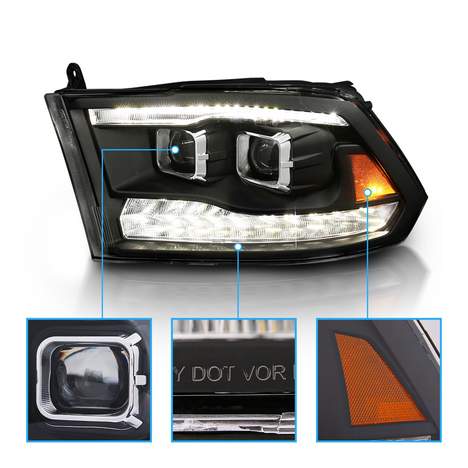 DODGE RAM R1500 09-20/10-20 R2500/R3500 (CODE LMA) (W/O QUAD LAMP) DG RAM SPORT 13-20 PROJECTOR SWITCHBACK HEADLIGHTS BLACK AMBER