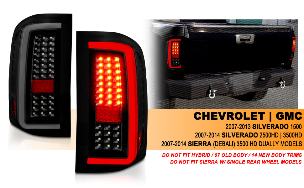 CHEVY SILVERADO 1500/2500/3500 07-10/HYBRID 09/GMC SIERRA 07-09 LED TAIL LIGHTS G5  BLACK HOUSING SMOKE LENS (W/ WHITE LIGHT BAR)