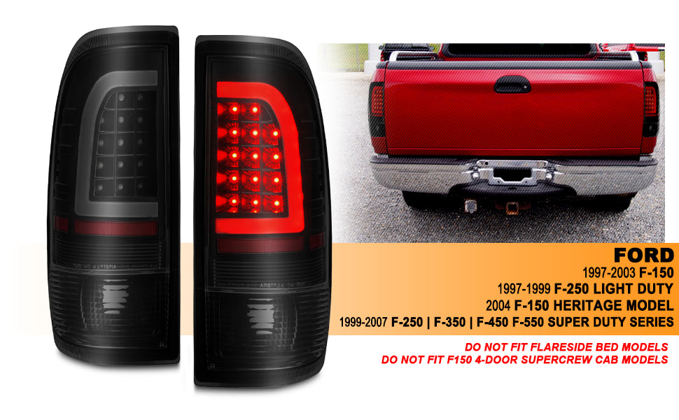 FORD F-150/F250 97-04 STYLESIDE/SUPER DUTY 99-07 LED TAIL LIGHTS BLACK HOUSING SMOKE LENS W/ C LIGHT BAR
