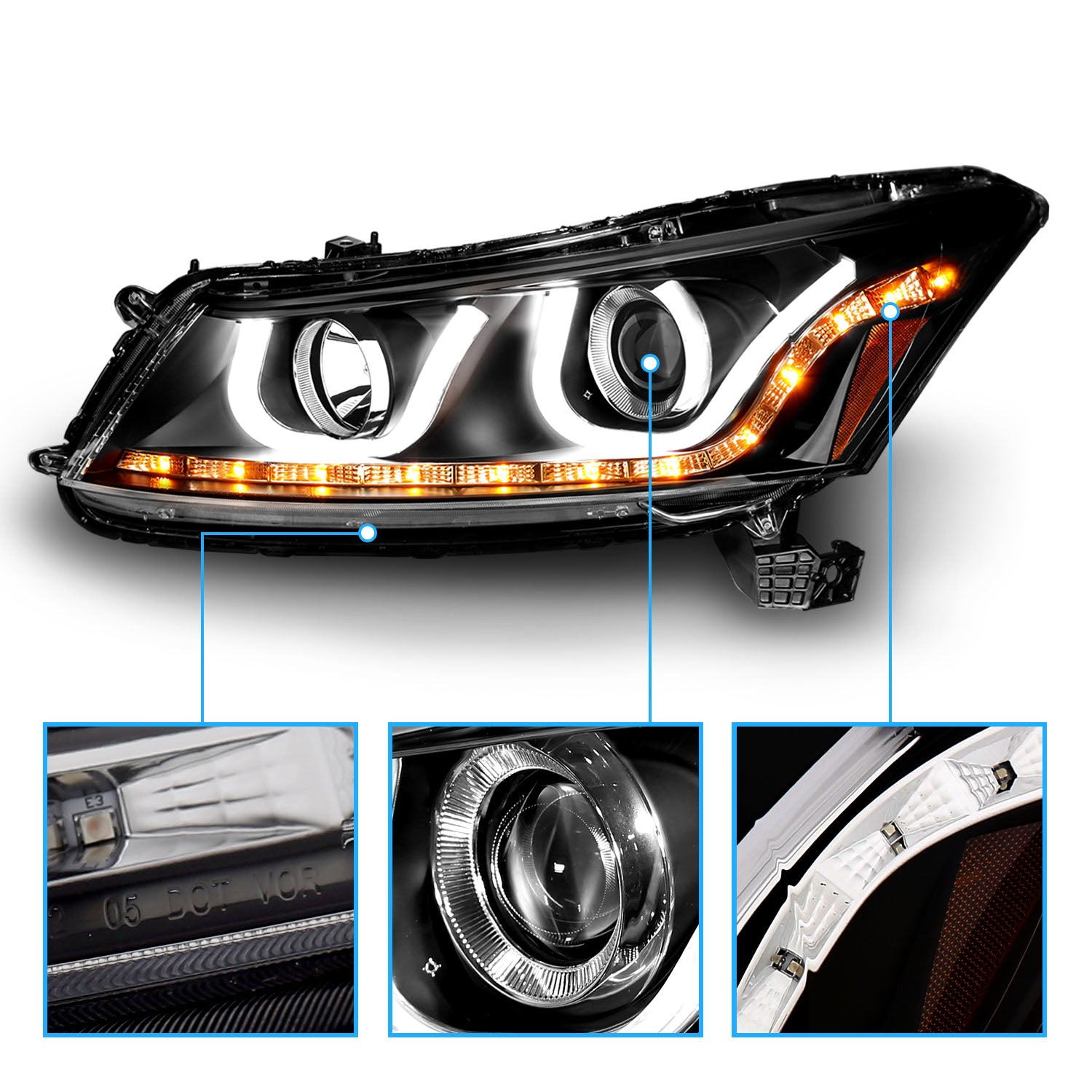 HONDA ACCORD 08-12 4DR PROJECTOR BAR STYLE HEADLIGHTS BLACK CLEAR AMBER