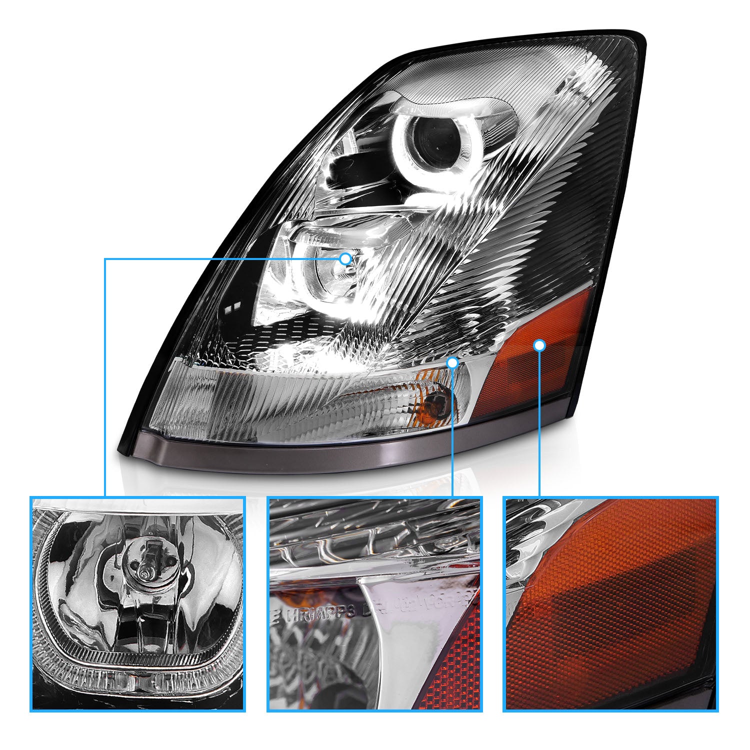 VOLVO VN/VNL SERIES 04-15 PROJECTOR U BAR STYLE H.L CHROME AMBER REFLECTOR (LEFT)