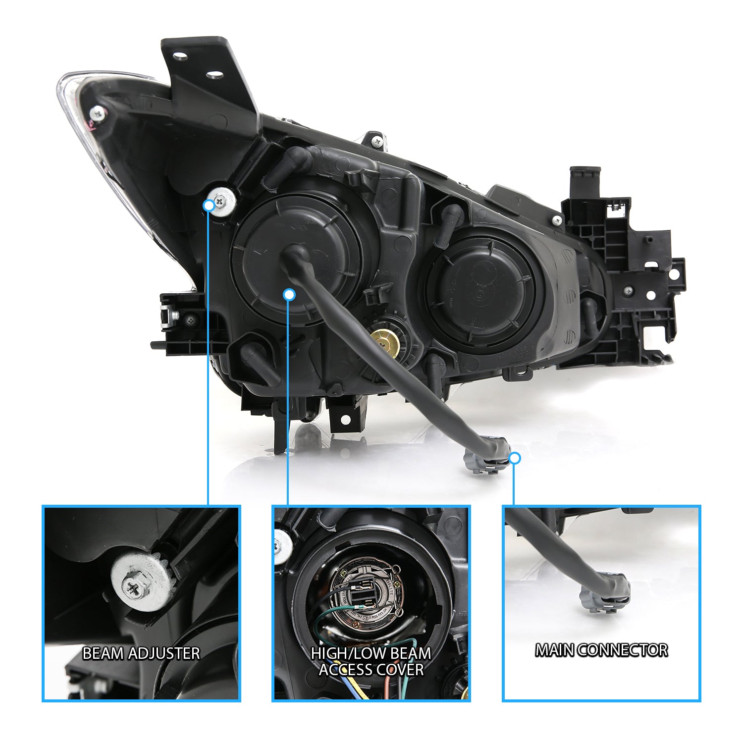 MAZDA 3 14-15 4DR PROJECTOR HEADLIGHTS WHITE PLUS LED HALO BLACK AMBER