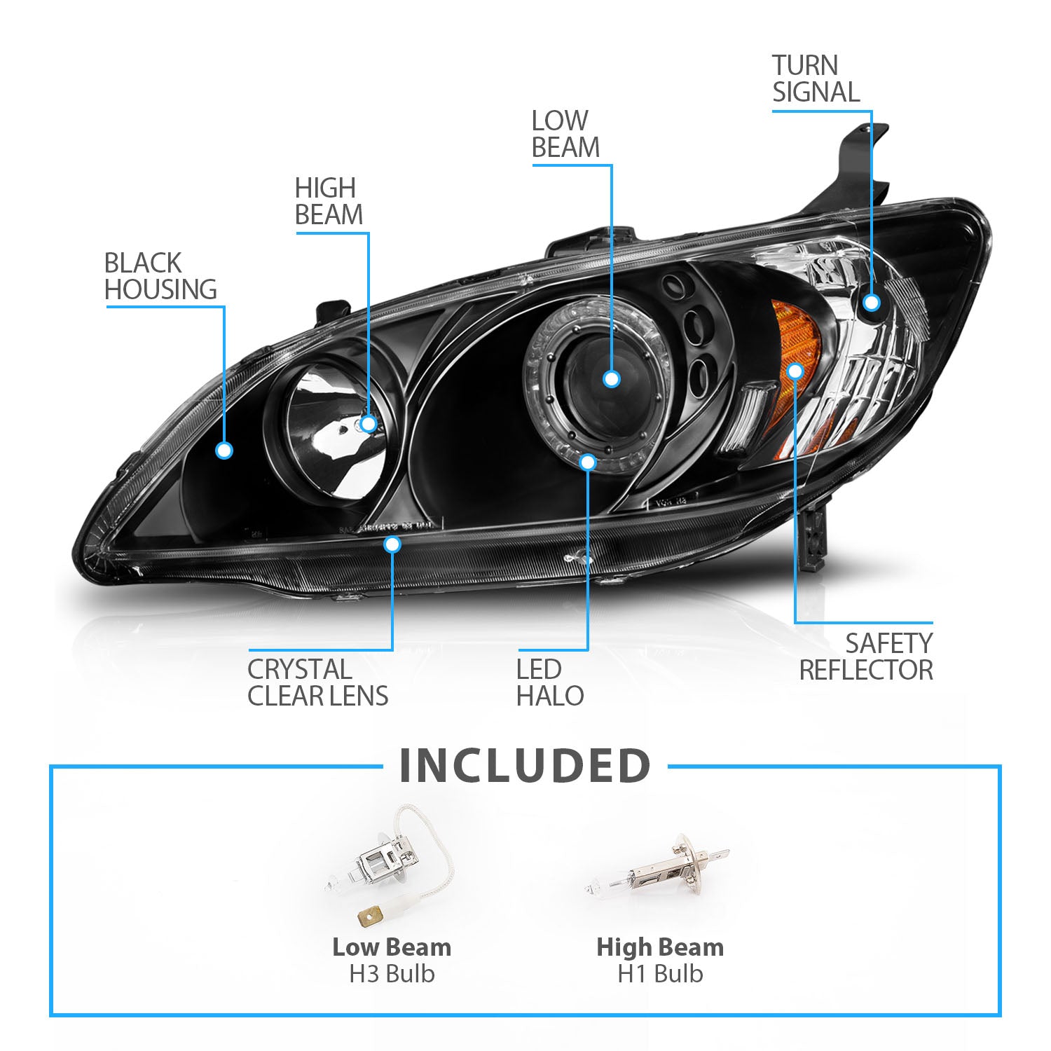 HONDA CIVIC 04-05 2/3/4DR PROJECTOR HEADLIGHTS HALO BLACK CLEAR AMBER