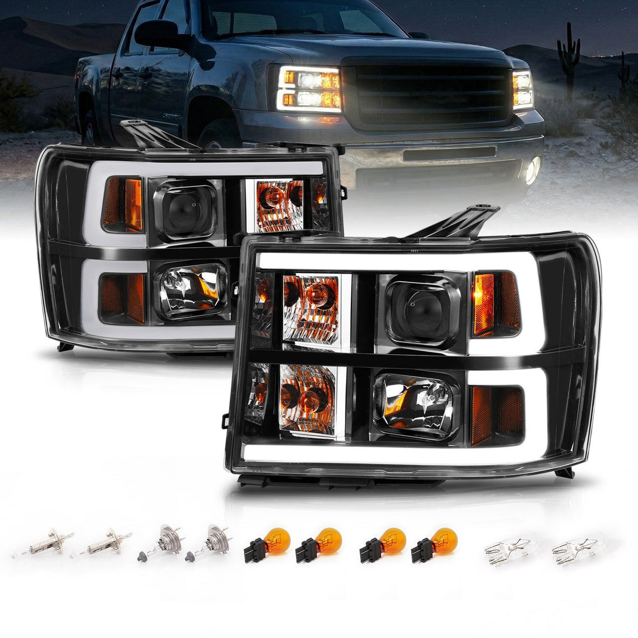 GMC SIERRA 07-10/1500 HYBRID 09-10 PROJECTOR LIGHT BAR STYLE HEADLIGHTS BLACK CLEAR AMBER