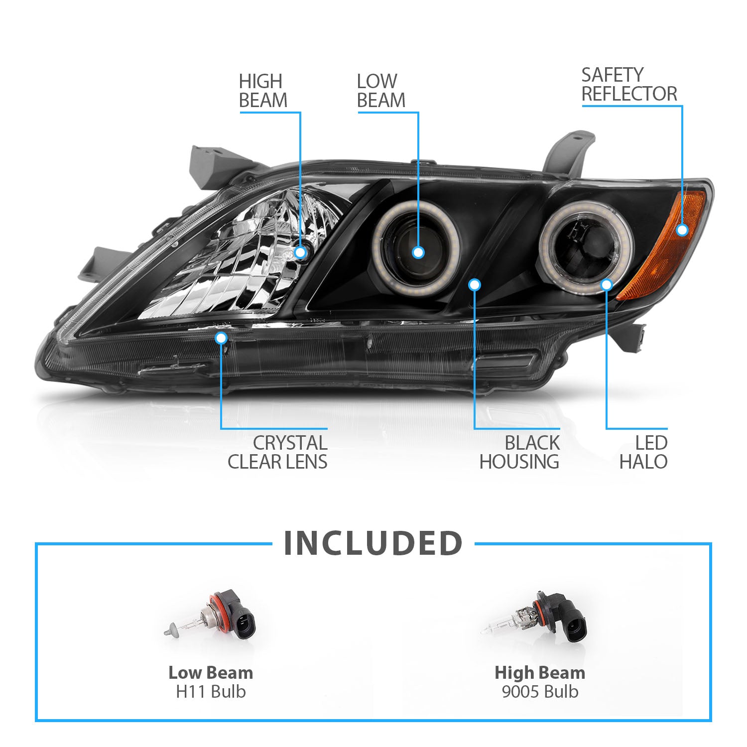 TOYOTA CAMRY 07-09 PROJECTOR HEADLIGHTS HALO BLACK CLEAR AMBER (RX HALO)