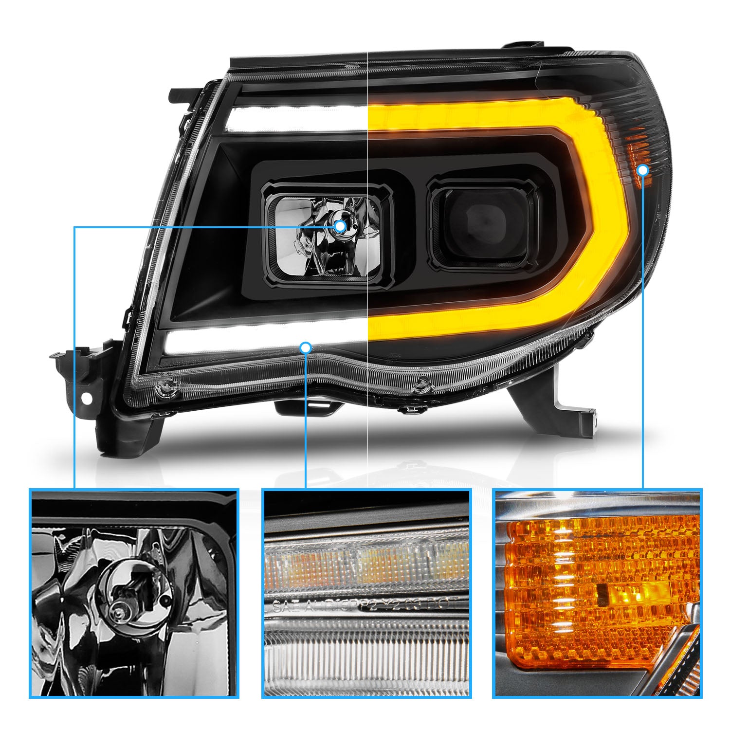 TOYOTA TACOMA 05-11 PROJECTOR SEQUENTIAL LIGHT BAR STYLE HEADLIGHTS BLACK AMBER  (W/ C LIGHT BAR)