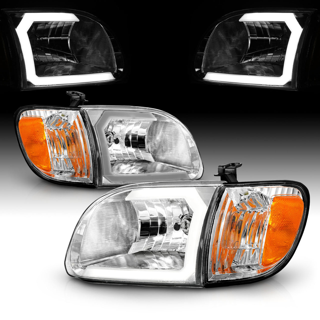 TOYOTA TUNDRA 00-04 HEADLIGHTS CHROME AMBER W/ C LIGHT BAR  W/CORNER LIGHTS (REGULAR CAB, ACCESS CAB)