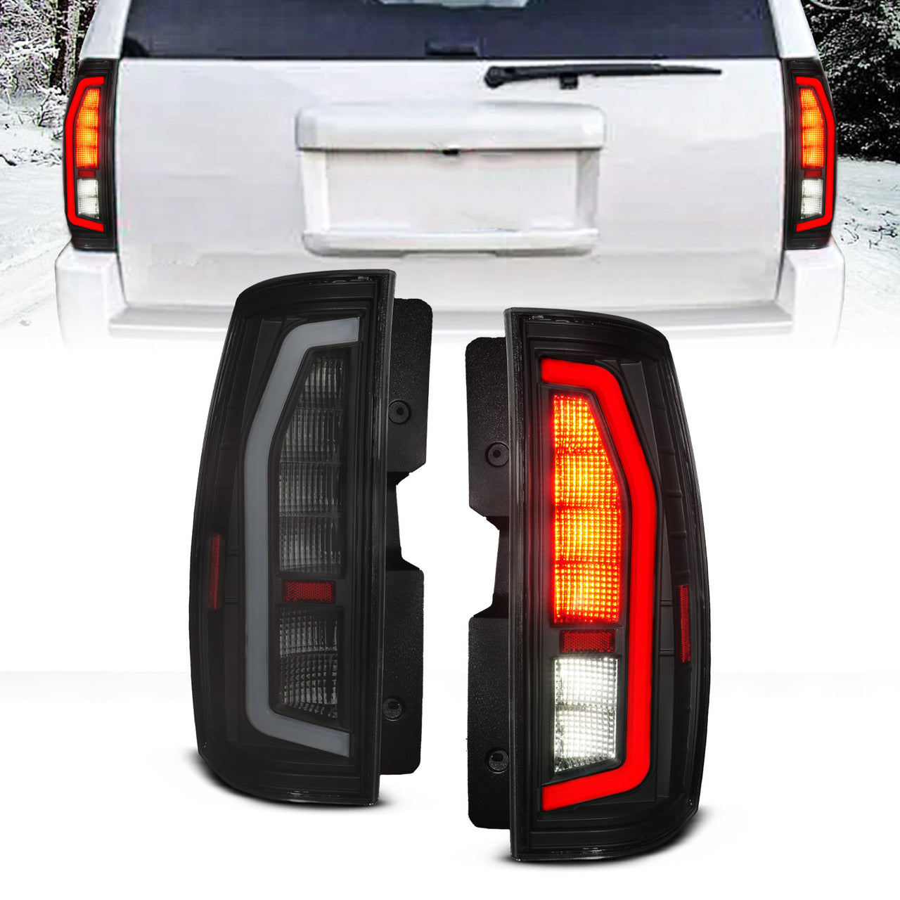 CHEVY TAHOE/SUBURBAN / GMC YUKON/YUKON XL 07-14 LED TAIL LIGHTS BLACK HOUSING SMOKE LENS W/ C LIGHT BAR G2