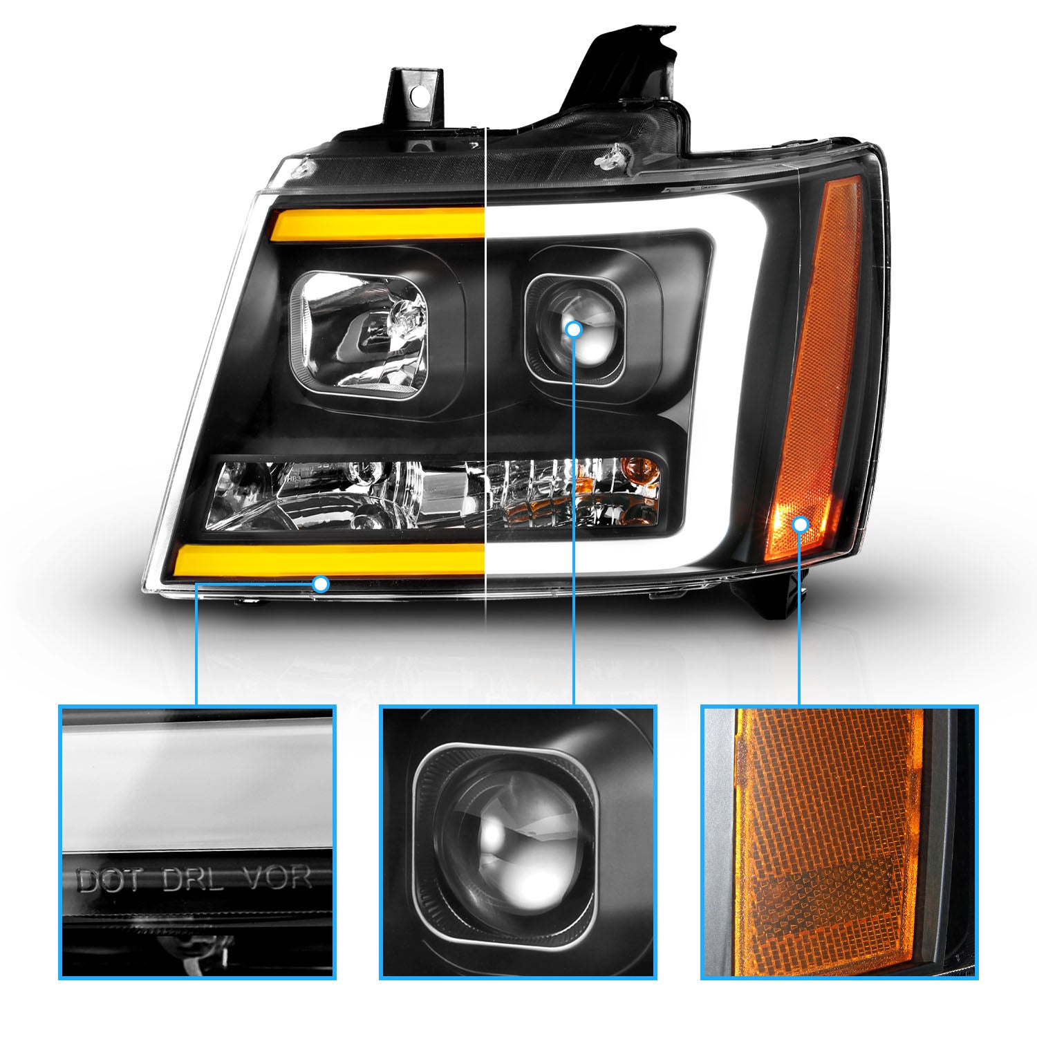 CHEVY TAHOE/SUBURBAN/AVALANCHE 07 PROJECTOR HEADLIGHTS G3 BLACK CLEAR AMBER