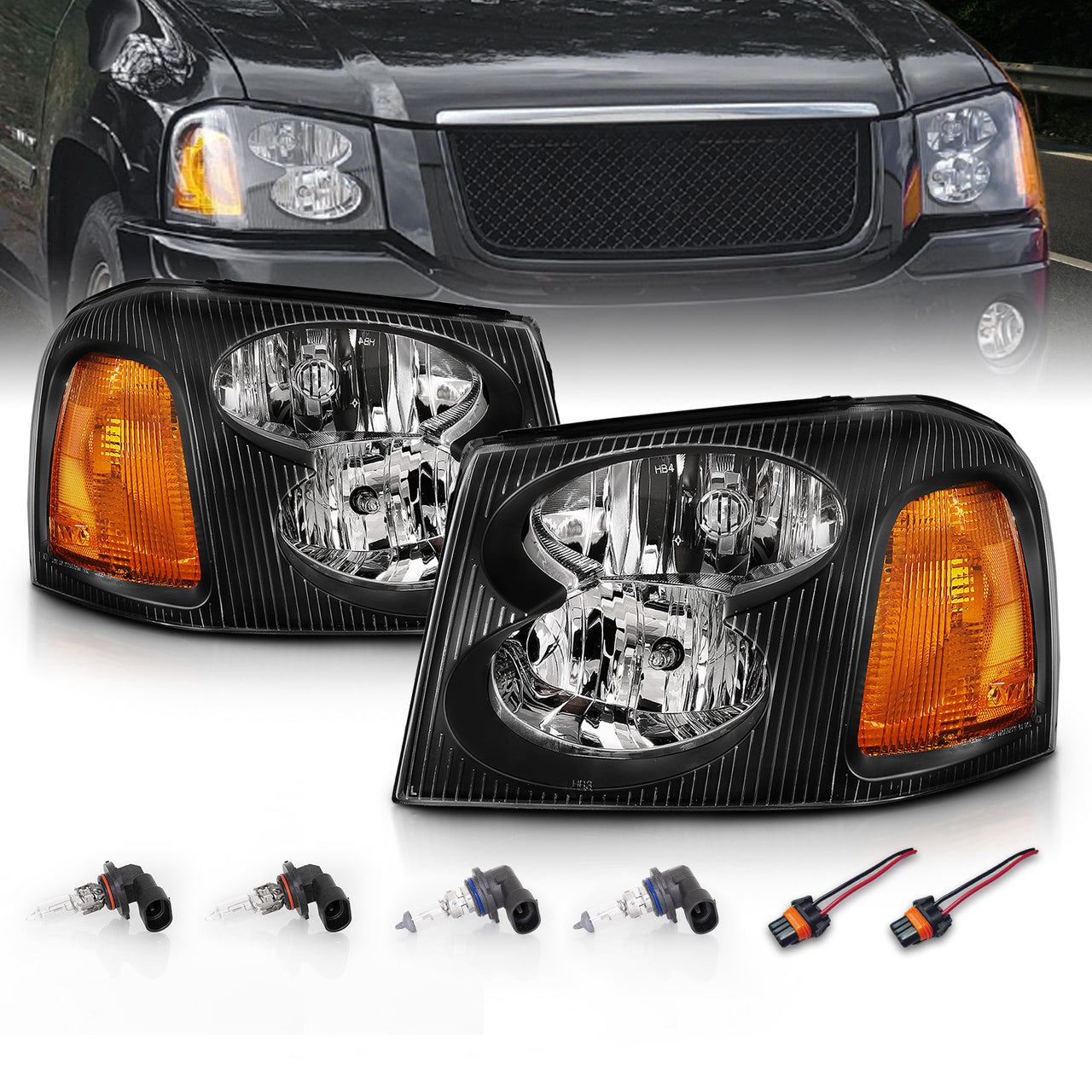 GMC ENVOY 02-09 CRYSTAL HEADLIGHTS BLACK AMBER