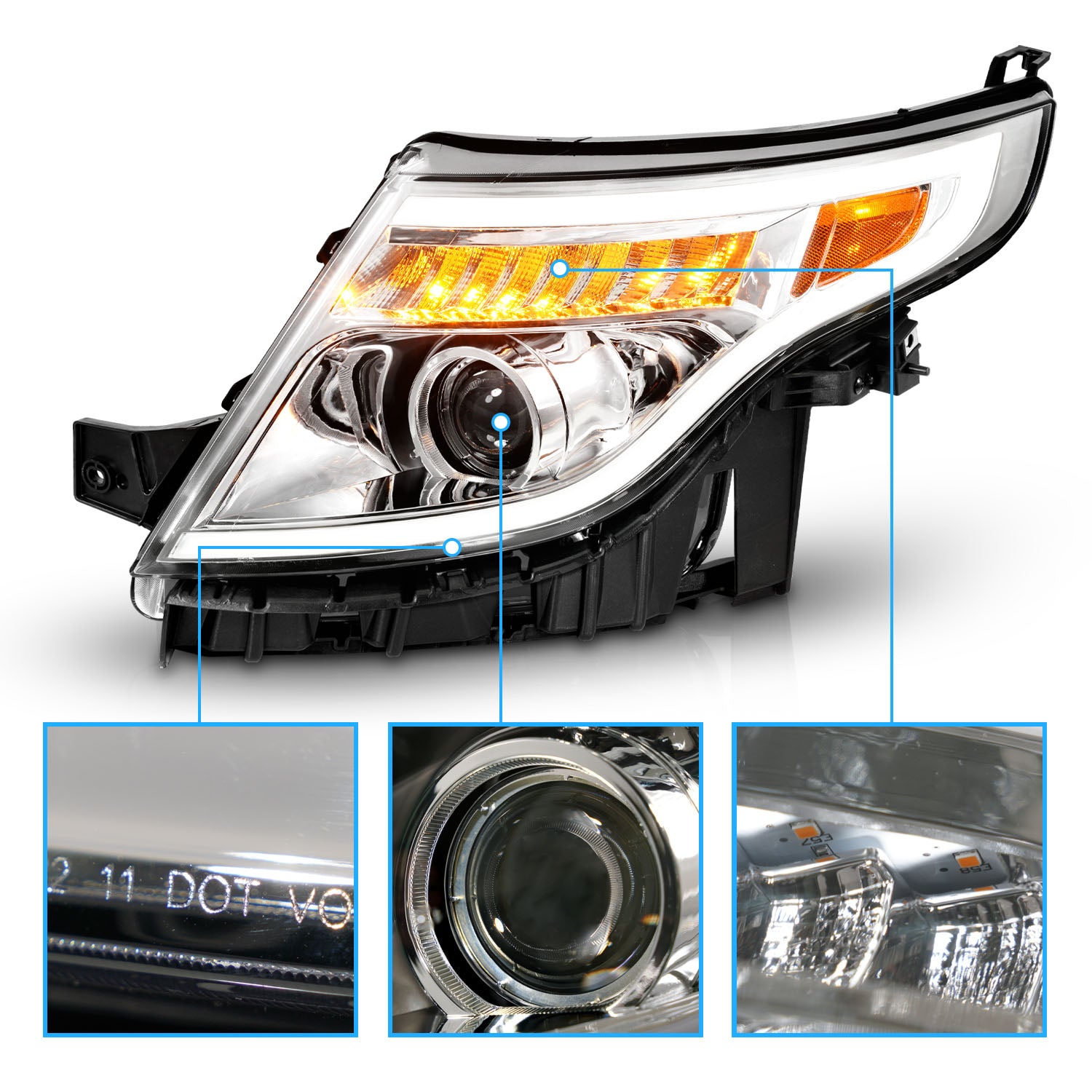 FORD EXPLORER 11-15 (13-15 BASE, XLT, LIMITED) PROJECTOR LIGHT BAR STYLE HEADLIGHTS CHROME AMBER