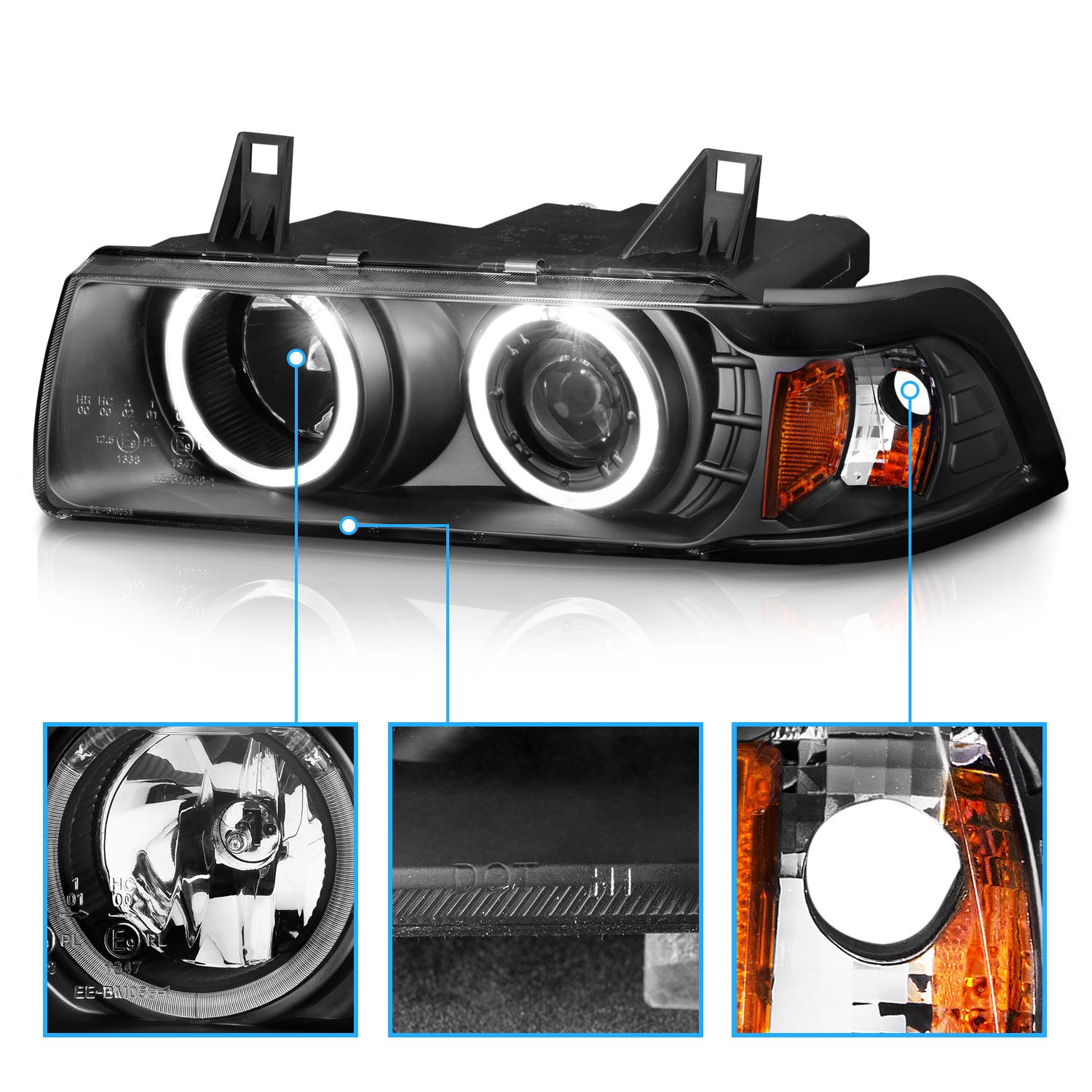 BMW 3 SERIES E36 92-98 4DR 1PC PROJECTOR HEADLIGHTS G2 HALO BLACK CLEAR AMBER