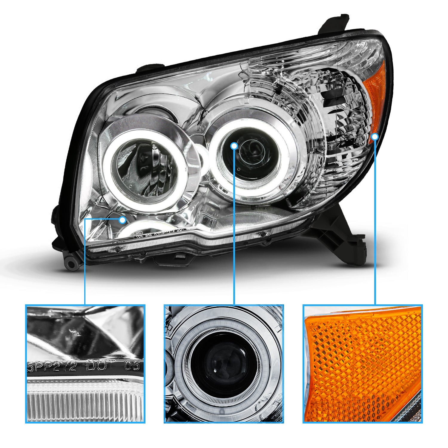 TOYOTA 4 RUNNER 06-09 PROJECTOR HEADLIGHTS CHROME CLEAR (RX HALO) AMBER