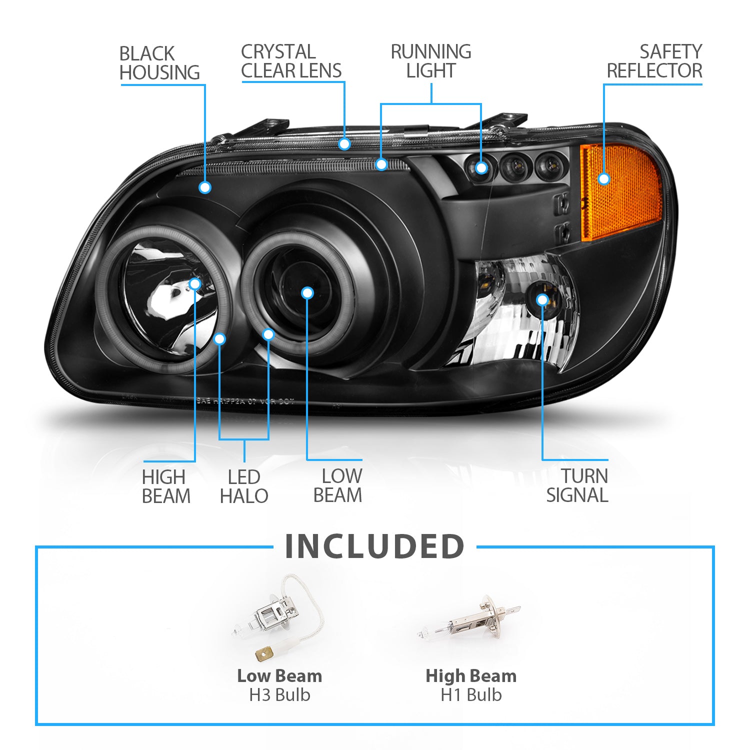 FORD EXPLORER 95-01 PROJECTOR HEADLIGHTS 1PC BLACK CLEAR AMBER (RX HALO)