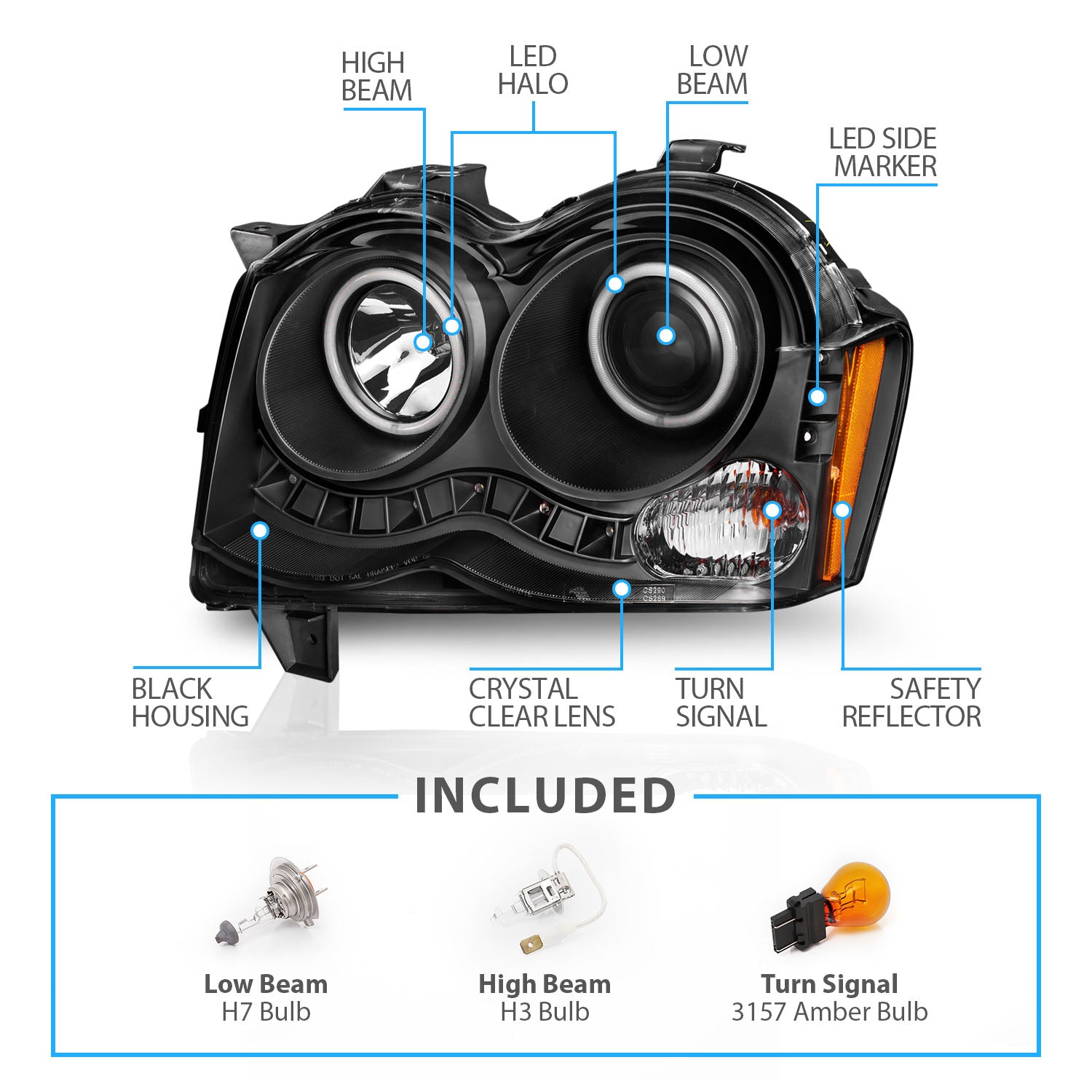 JEEP GRAND CHEROKEE 08-09 PROJECTOR HEADLIGHTS HALO BLACK CLEAR AMBER (RX HALO)