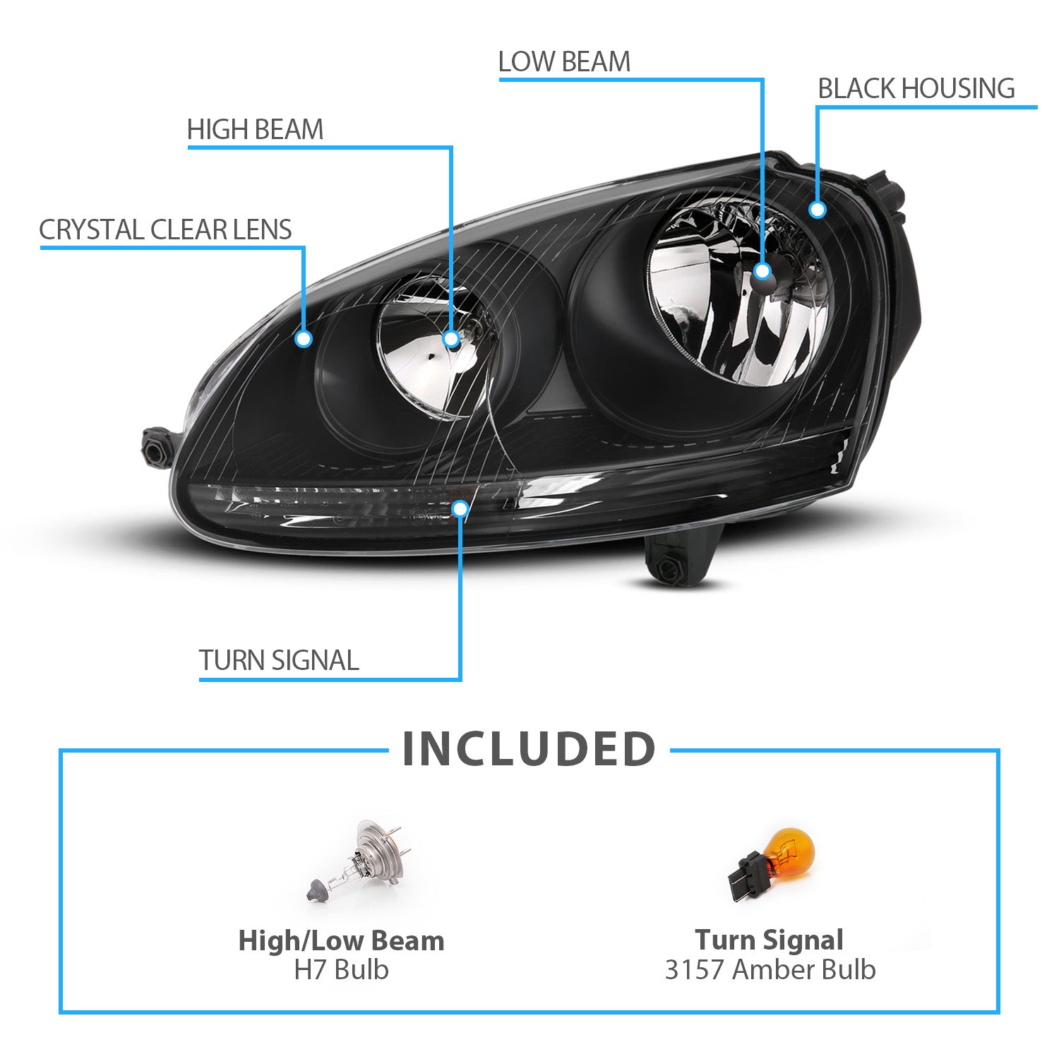 VOLKSWAGEN US RABBIT 06-09 / JETTA 05-10 / CANADA GTi 06-09 BLACK HEADLIGHTS (HALOGEN ONLY)