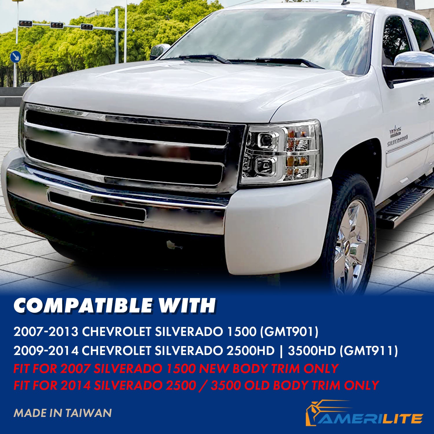 CHEVY SILVERADO 1500/2500/3500 07-13/1500 HYBRID 09-13 LIGHT BAR STYLE HEADLIGHTS CHROME AMBER