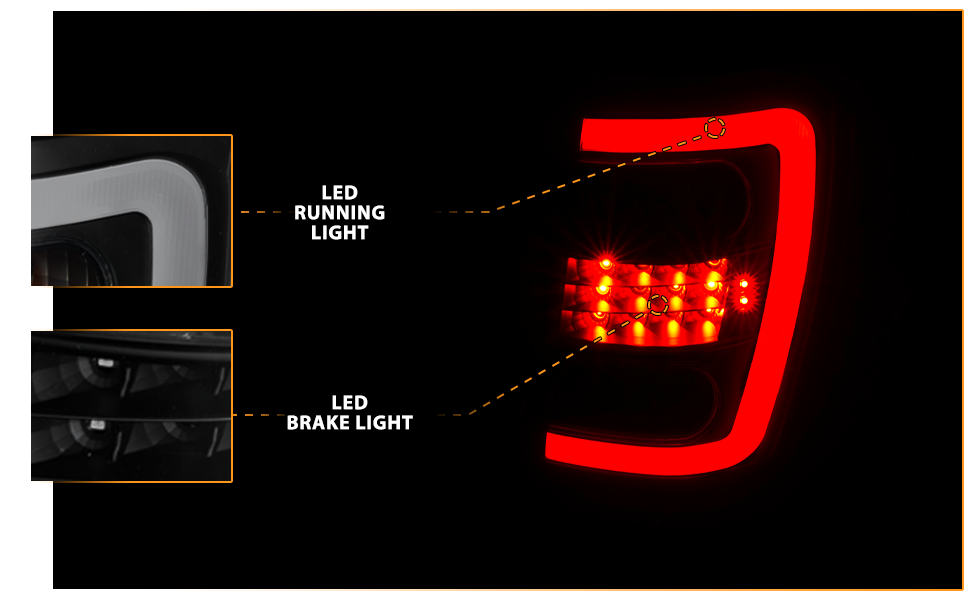 JEEP GRAND CHEROKEE 99-04 LED TAIL LIGHTS BLACK HOUSING SMOKE LENS W/ C LIGHT BAR