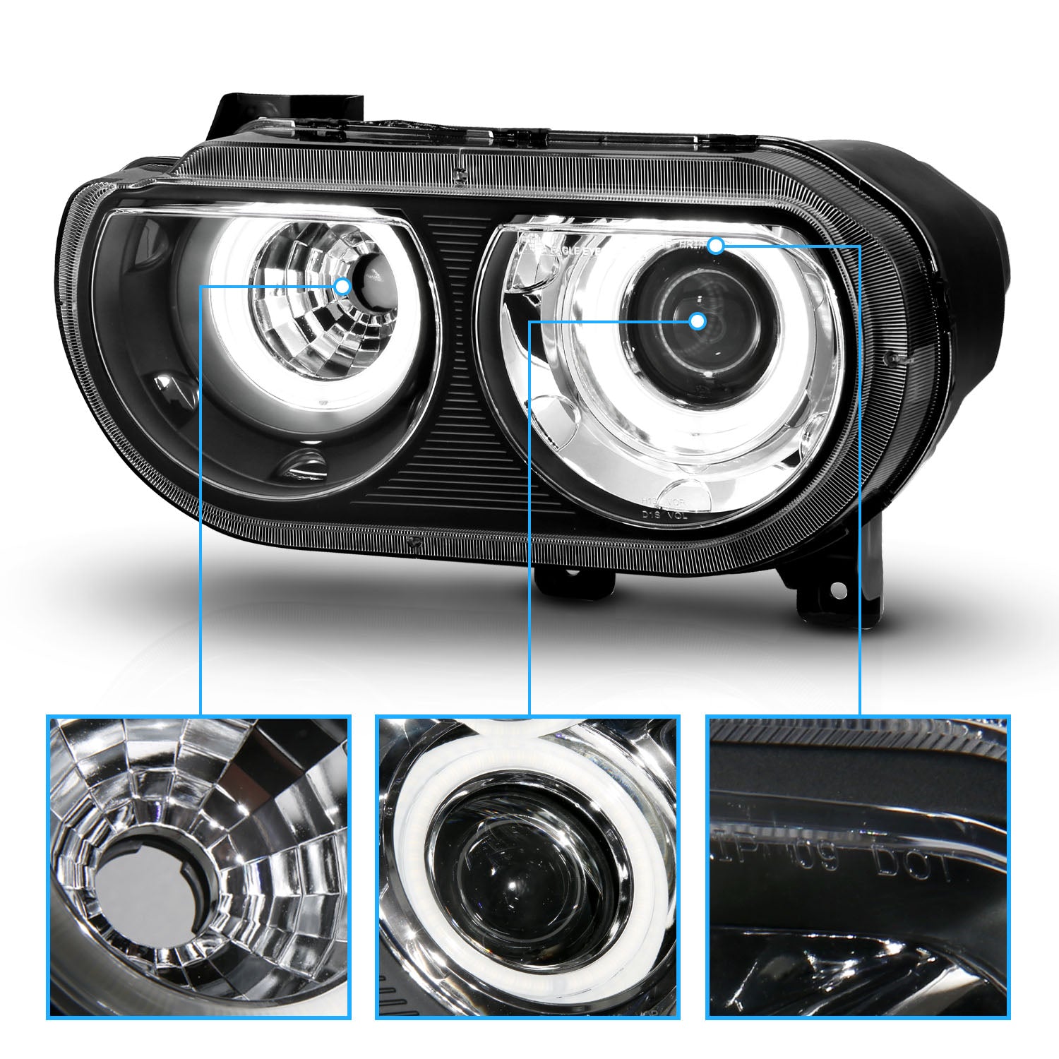 DODGE CHALLENGER 08-14 PROJECTOR HEADLIGHTS DUAL HALO BLACK CLEAR (RX HALO)