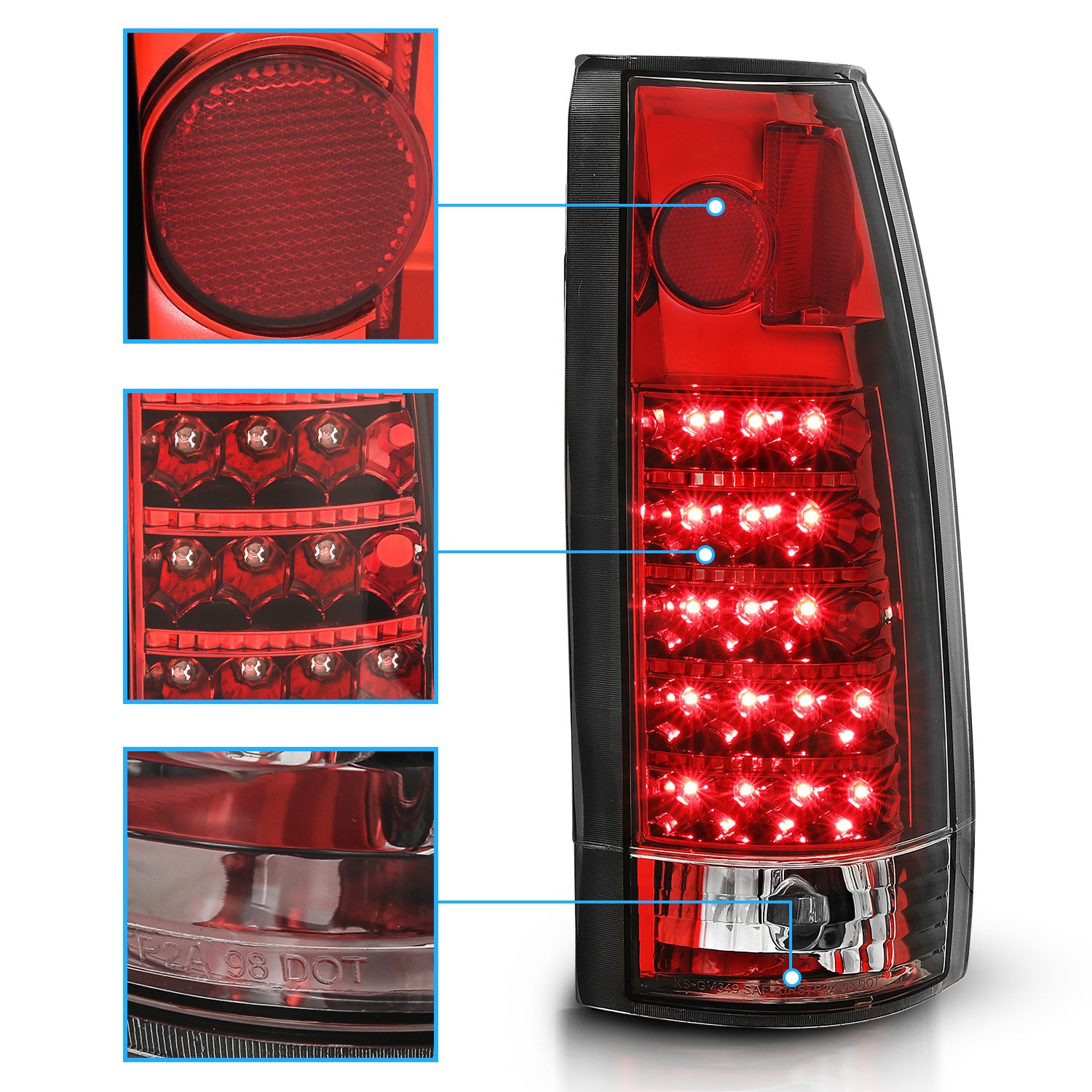 Chevy/GMC C/K 1500/2500/3500 88-99, SUBURBAN/YUKON 92-00, TAHOE 94-00, BLAZER 92-94, CADILLAC ESCALADE 99-00 LED TAIL LIGHTS RED HOUSING CRYSTAL LENS (NEW STYLE)