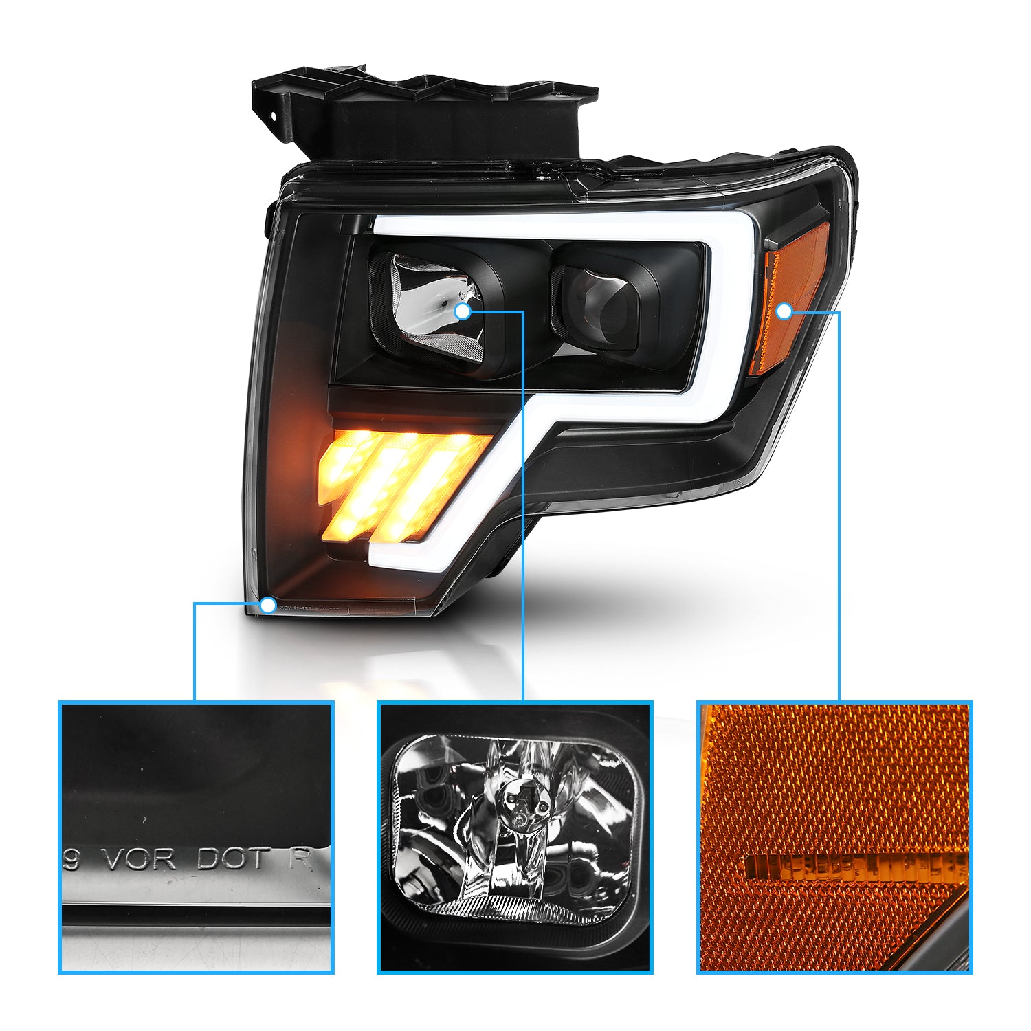 FORD F-150 09-13 PROJECTOR LIGHT BAR STYLE G4 HEADLIGHTS BLACK AMBER