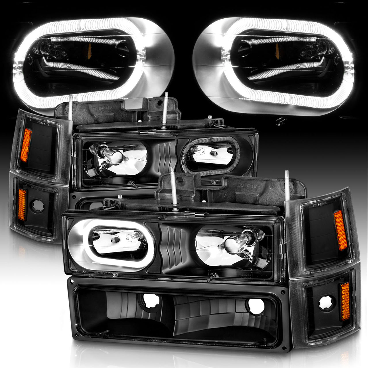 CHEVY CK / C10 /SILVERADO/ TAHOE / SUBURBAN/BLAZER 94-98 CRYSTAL HEADLIGHTS HALO BLACK HOUSING W/ SIGNAL & SIDE MARKERS AMBER (8PCS)