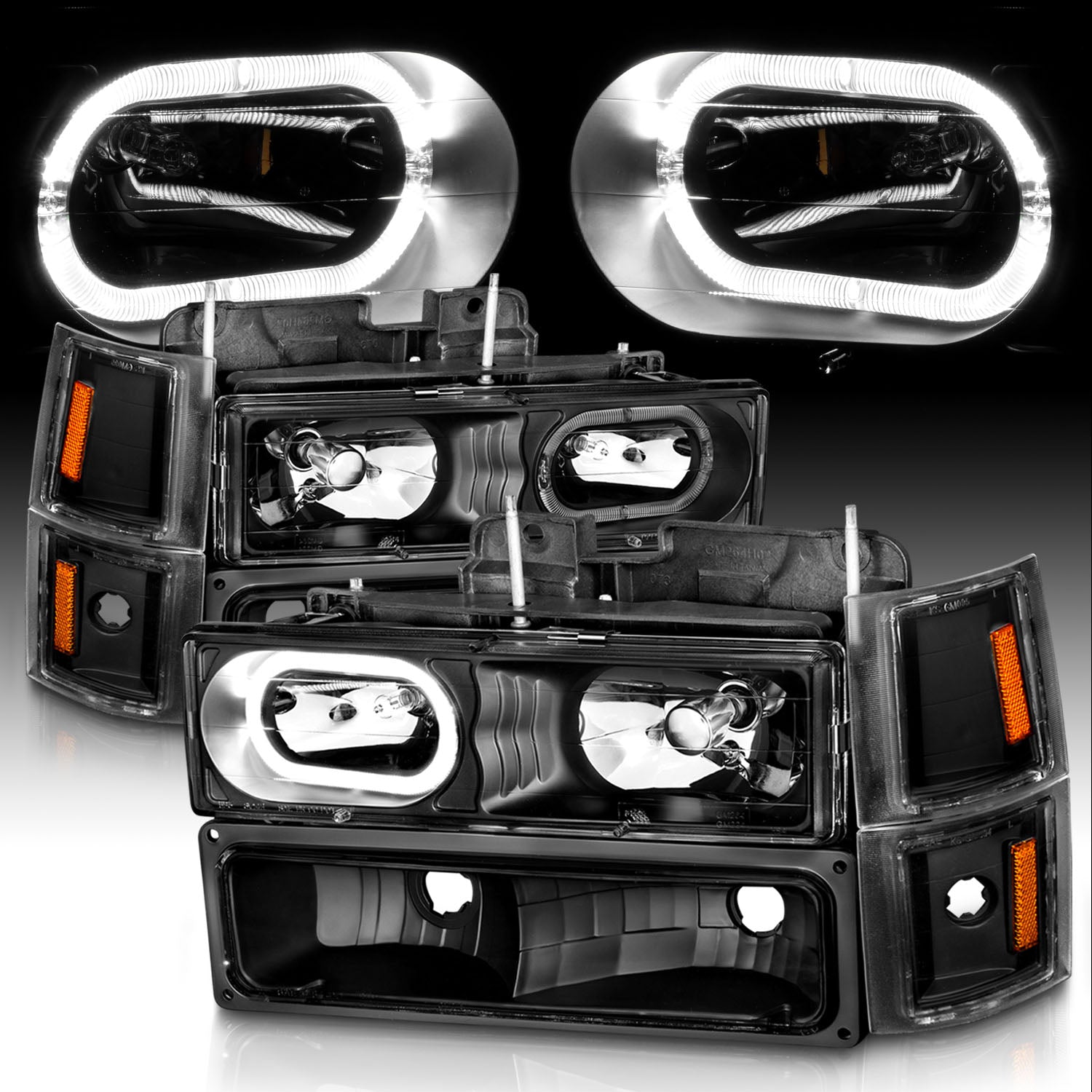 CHEVY CK / C10 /SILVERADO/ TAHOE / SUBURBAN/BLAZER 94-98 CRYSTAL HEADLIGHTS HALO BLACK HOUSING W/ SIGNAL & SIDE MARKERS AMBER (8PCS)