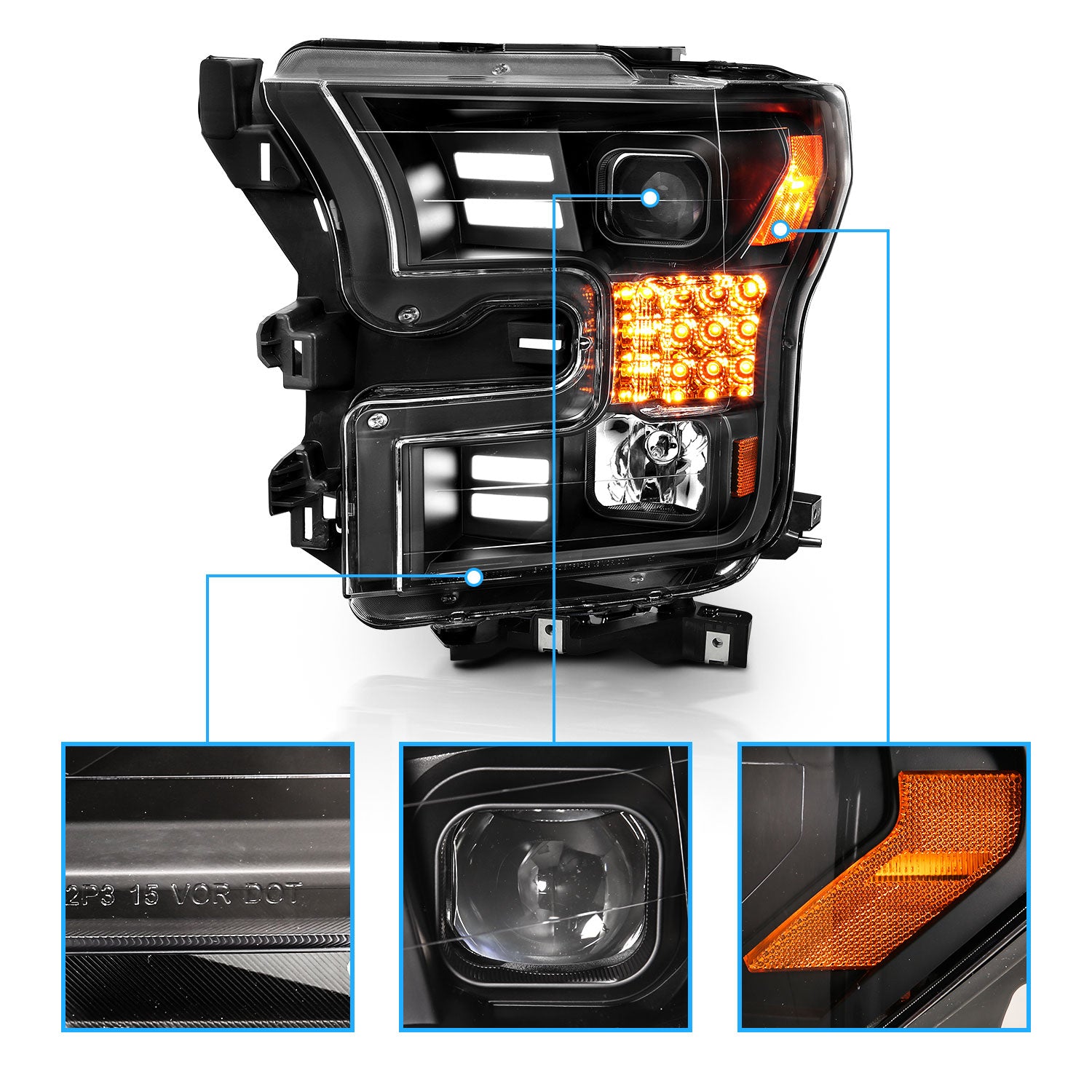 FORD F-150 15-17 PROJECTOR LIGHT BAR STYLE HEADLIGHTS BLACK AMBER (SEQUENTIAL SIGNAL)