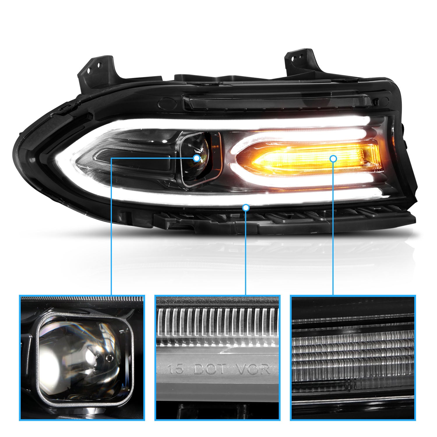 DODGE CHARGER 15-22 PROJECTOR LIGHT BAR STYLE HEADLIGHTS BLACK CLEAR