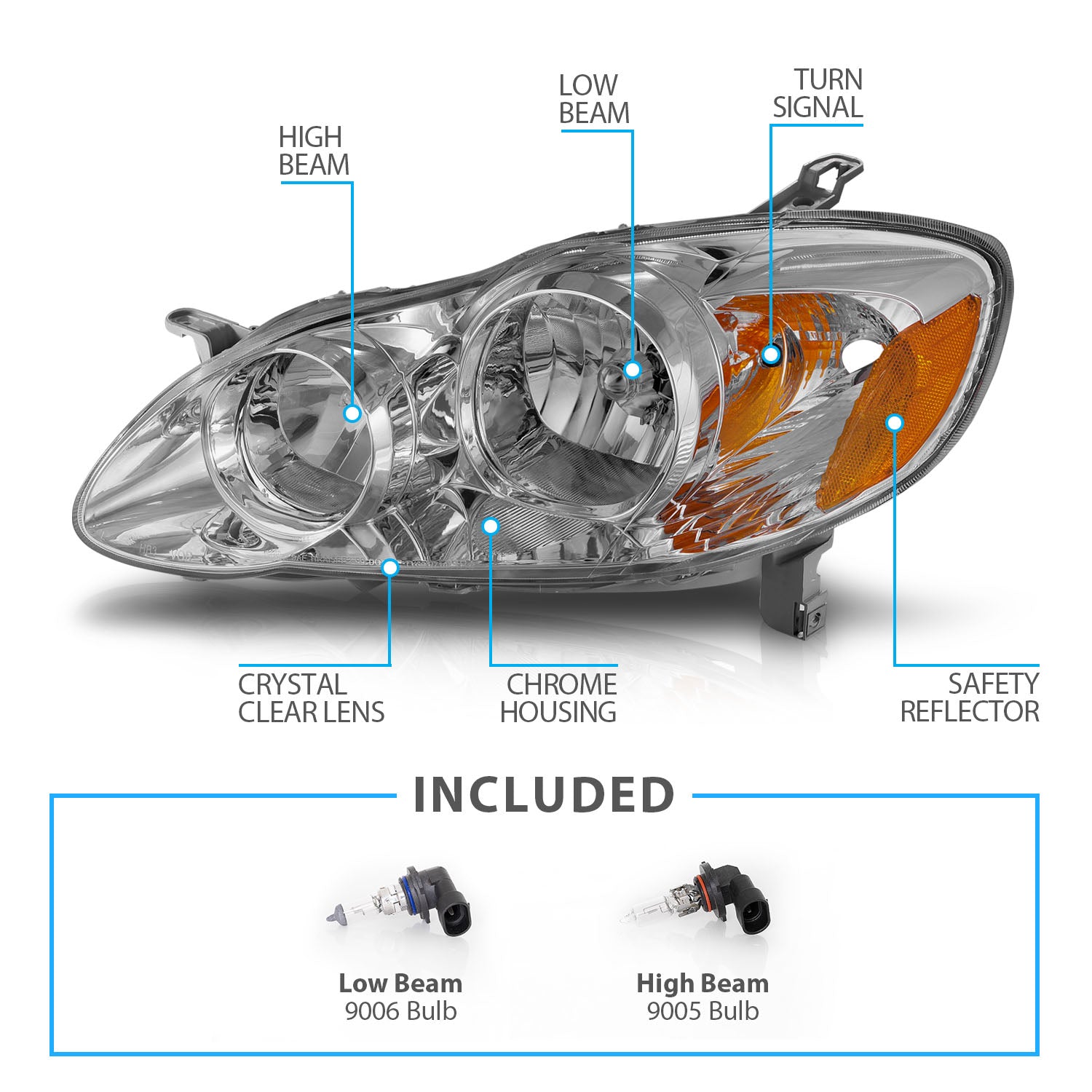 TOYOTA COROLLA 05-08 HEADLIGHTS CHROME AMBER