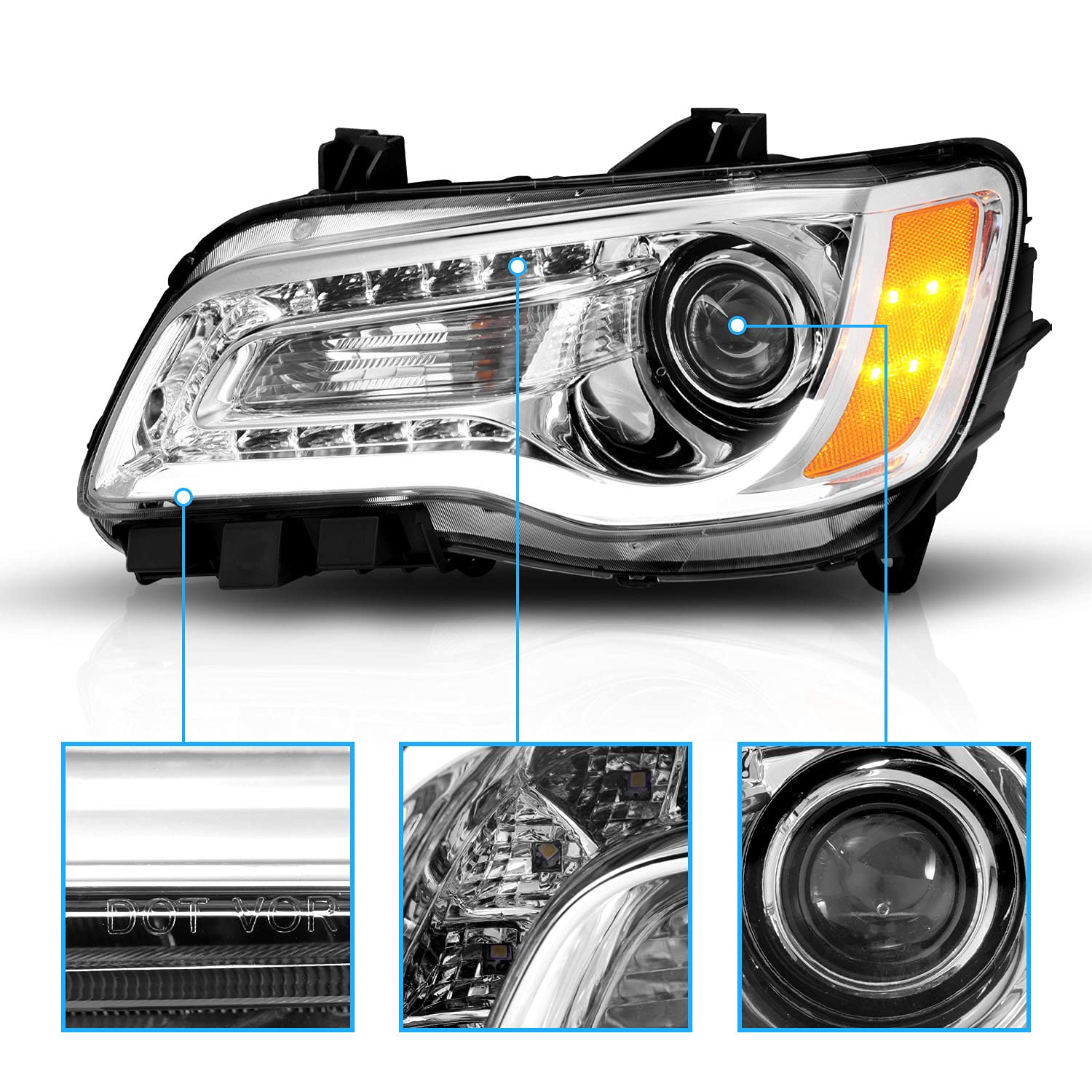 CHRYSLER 300 11-UP PROJECTOR LIGHT BAR STYLE HEADLIGHTS CHROME CLEAR AMBER