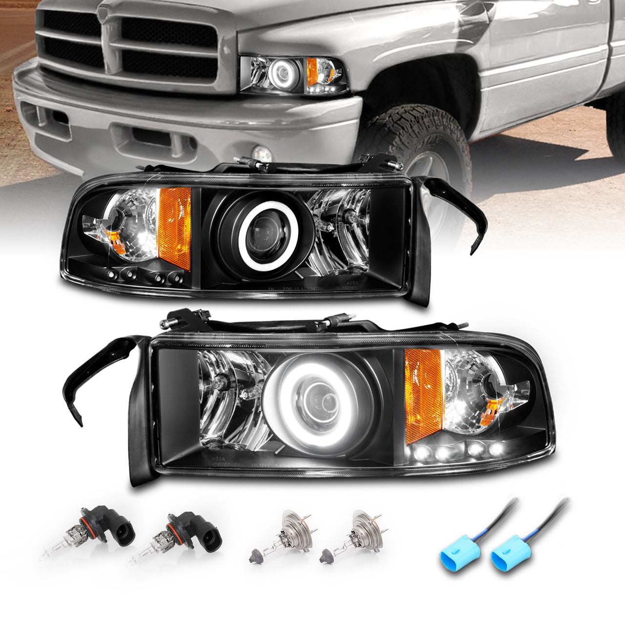 DODGE RAM 94-01 PROJECTOR HEADLIGHTS HALO BLACK CLEAR AMBER (RX HALO)