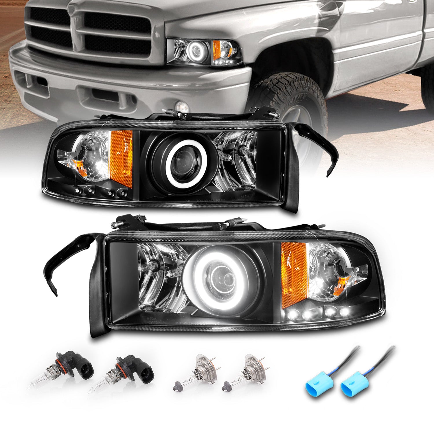 DODGE RAM 94-01 PROJECTOR HEADLIGHTS HALO BLACK CLEAR AMBER (RX HALO)