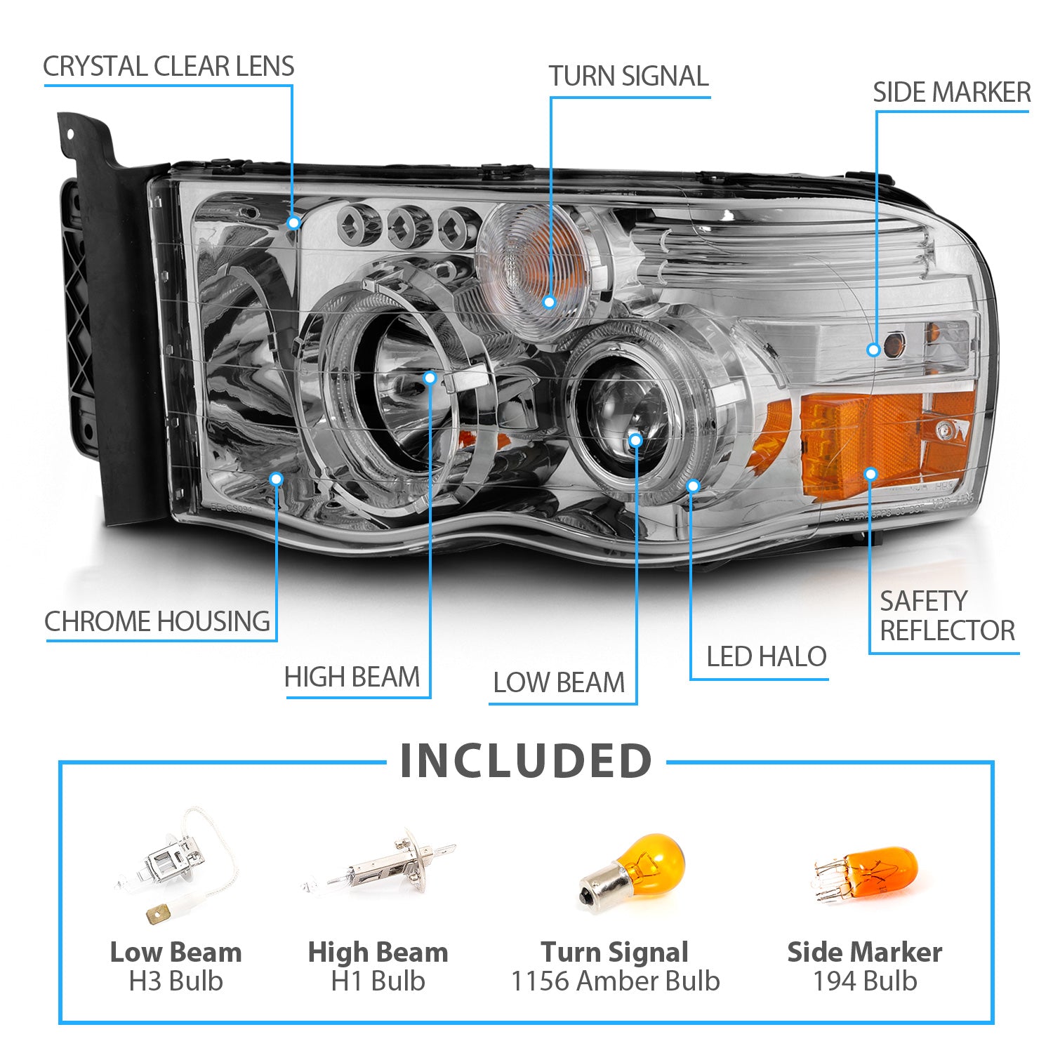 DODGE RAM 1500 02-05 - 2500/3500 03-05 PROJECTOR H.L HALO CHROME CLEAR AMBER