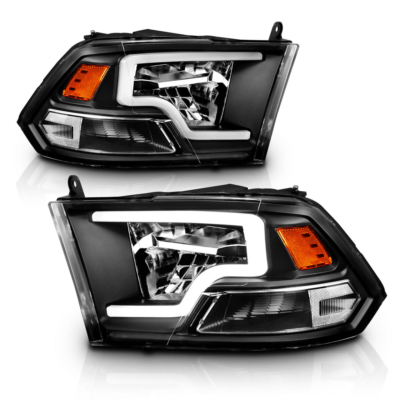 DODGE RAM 1500 09-20(W/O QUAD) / RAM 2500/3500 10-18 FULL LED HEADLIGHTS BLACK AMBER  (LIGHT BAR) (HALOGEN TYPE)