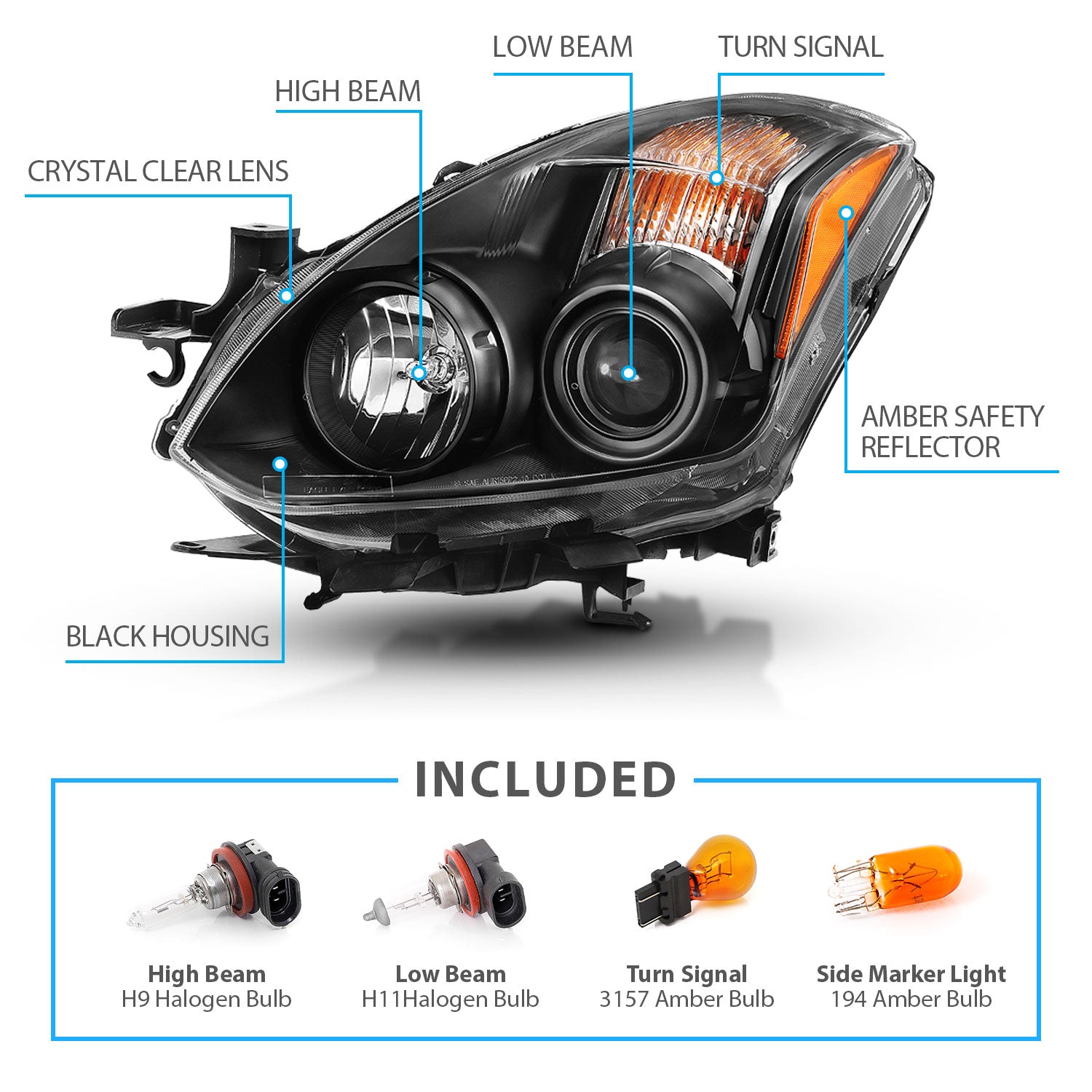 NISSAN ALTIMA 10-13 2DR/COUPE HEADLIGHTS BLACK (HALOGEN TYPE)