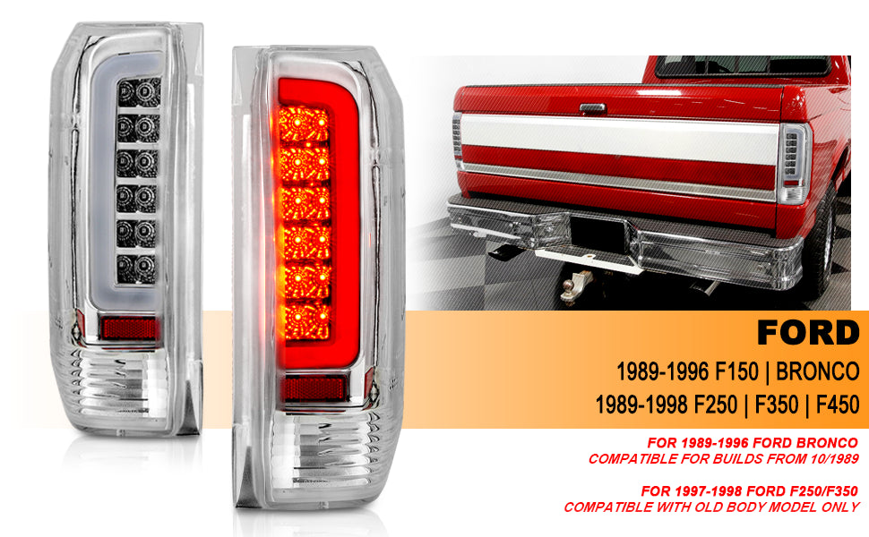 FORD F150 89-97/BRONCO 87-96 TAIL LIGHTS CHROME HOUSING CLEAR LENS W/C BAR
