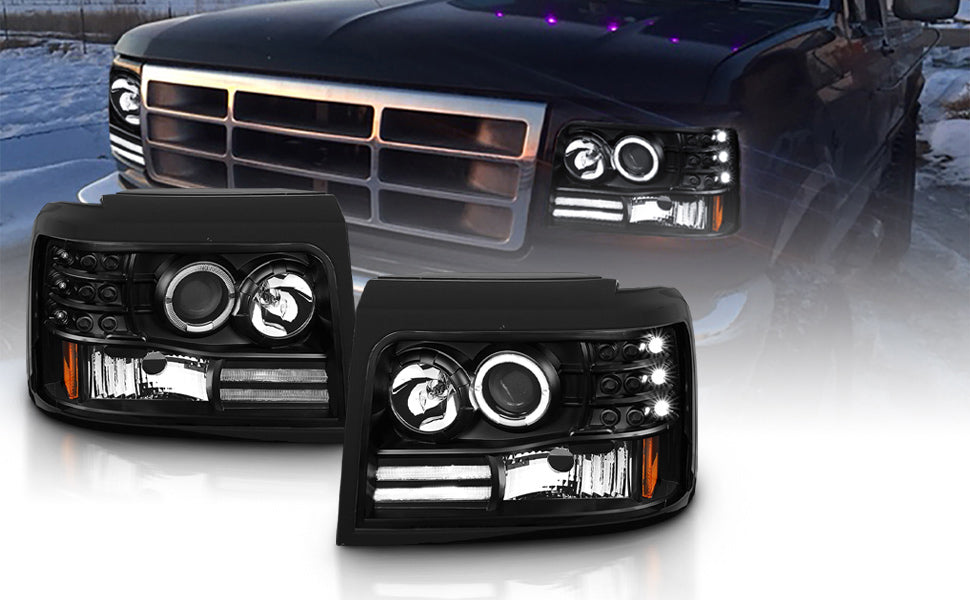 FORD F-150/F-250/BRONCO 92-96 PROJECTOR HALO HEADLIGHTS BLACK W/ SIDE MARKERS W/ PARKING LIGHTS