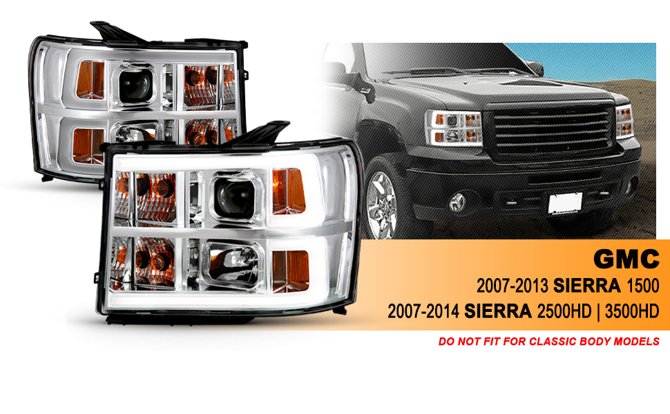 GMC SIERRA 07-10/1500 HYBRID 09-10 PROJECTOR LIGHT BAR STYLE HEADLIGHTS CHROME CLEAR AMBER