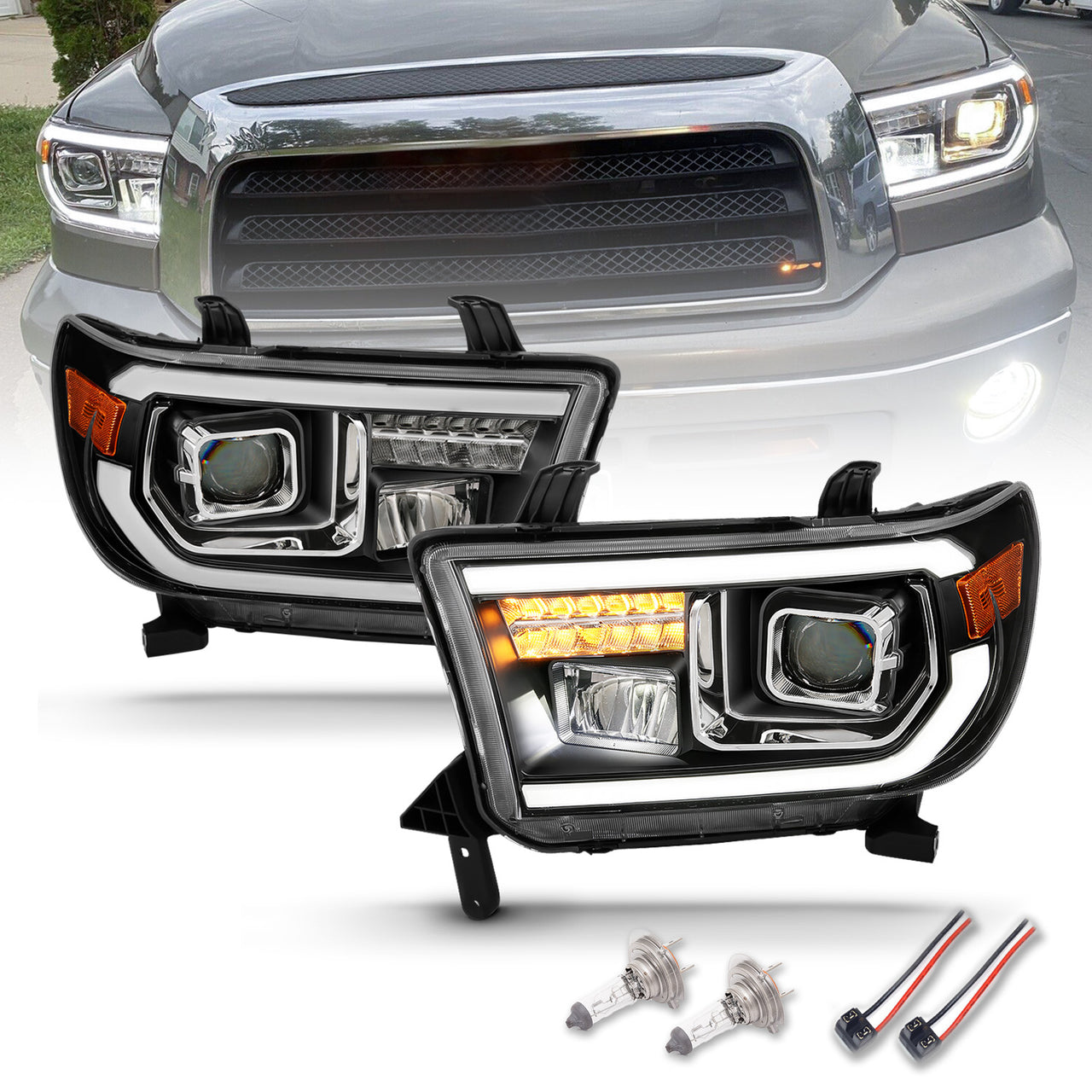 TOYOTA TUNDRA 07-13/SEQUOIA 08-17 PROJECTOR LIGHT BAR STYLE HEADLIGHTS BLACK AMBER (LED HIGH BEAM) (BULB VERSION)