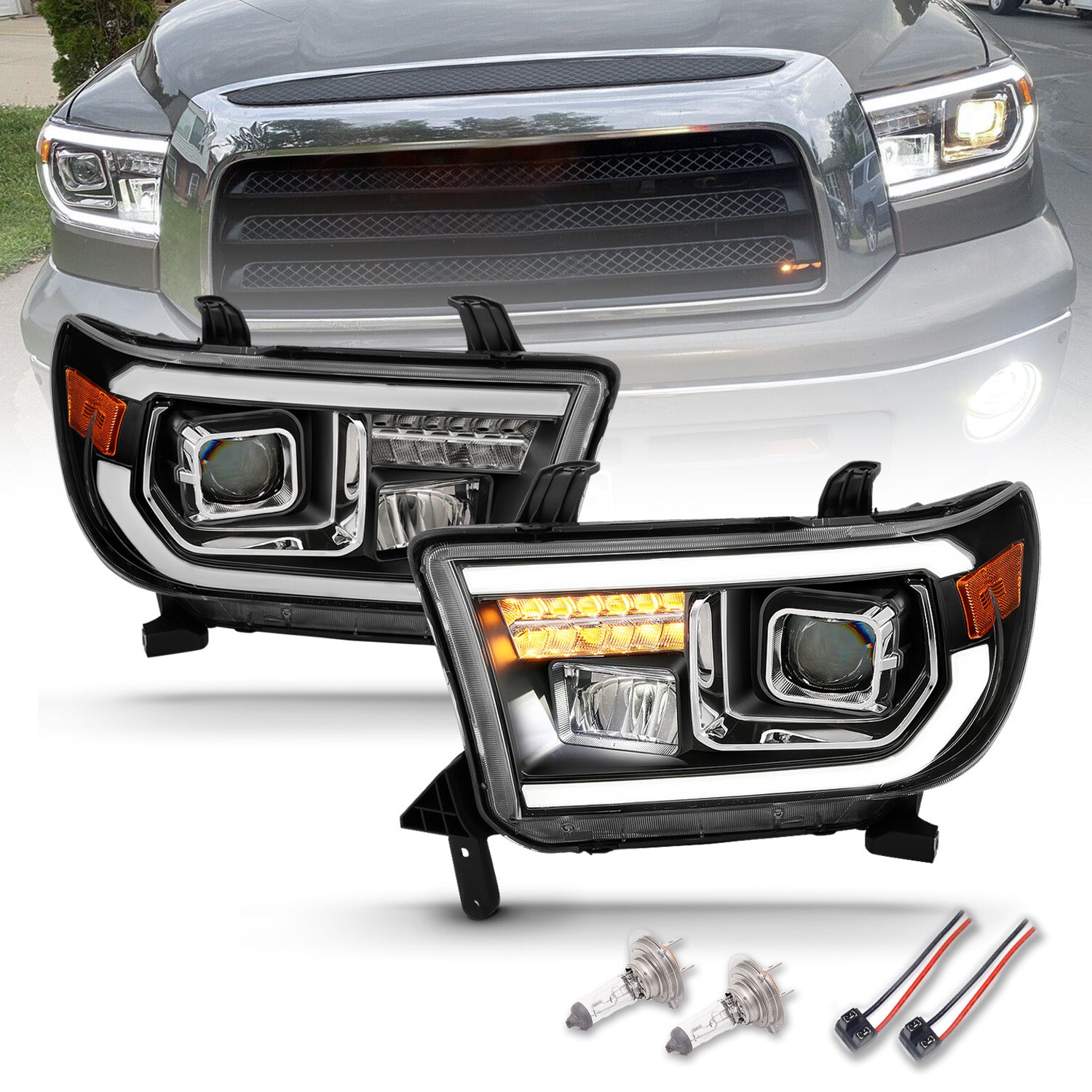 TOYOTA TUNDRA 07-13/SEQUOIA 08-17 PROJECTOR LIGHT BAR STYLE HEADLIGHTS BLACK AMBER (LED HIGH BEAM) (BULB VERSION)