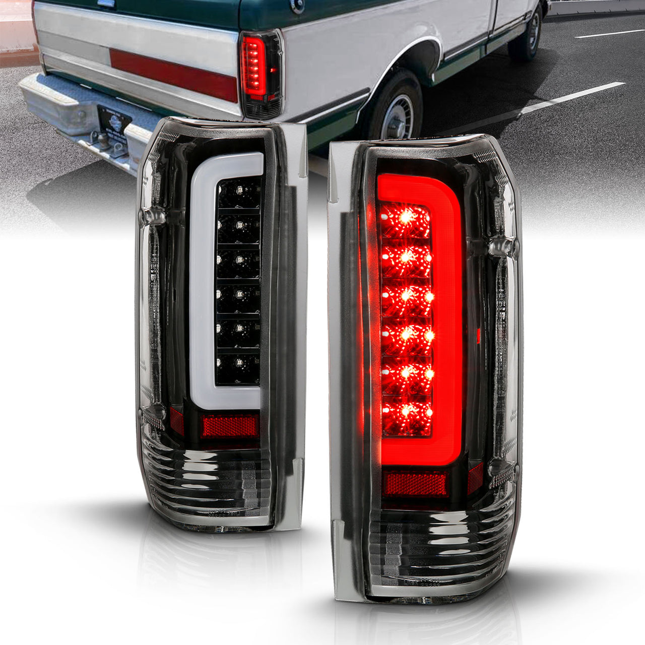 FORD F150 89-97/BRONCO 87-96 TAIL LIGHTS BLACK HOUSING CLEAR LENS W/C BAR