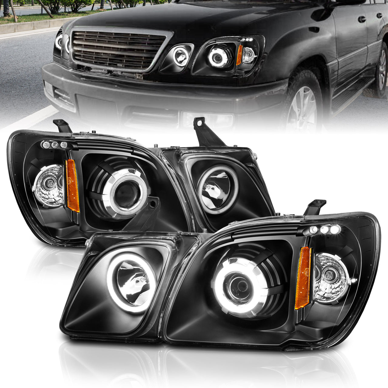 LEXUS LX470 98-07 PROJECTOR HEADLIGHTS HALO BLACK CLEAR AMBER (RX HALO)