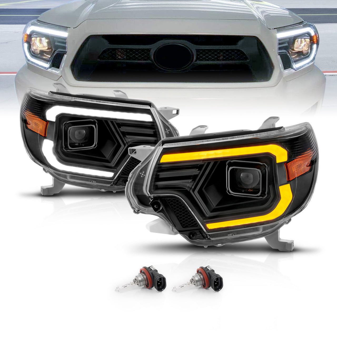 TOYOTA TACOMA 12-15  PROJECTOR SWITCHBACK HEADLIGHTS BLACK AMBER (W/ C LIGHTS BAR)