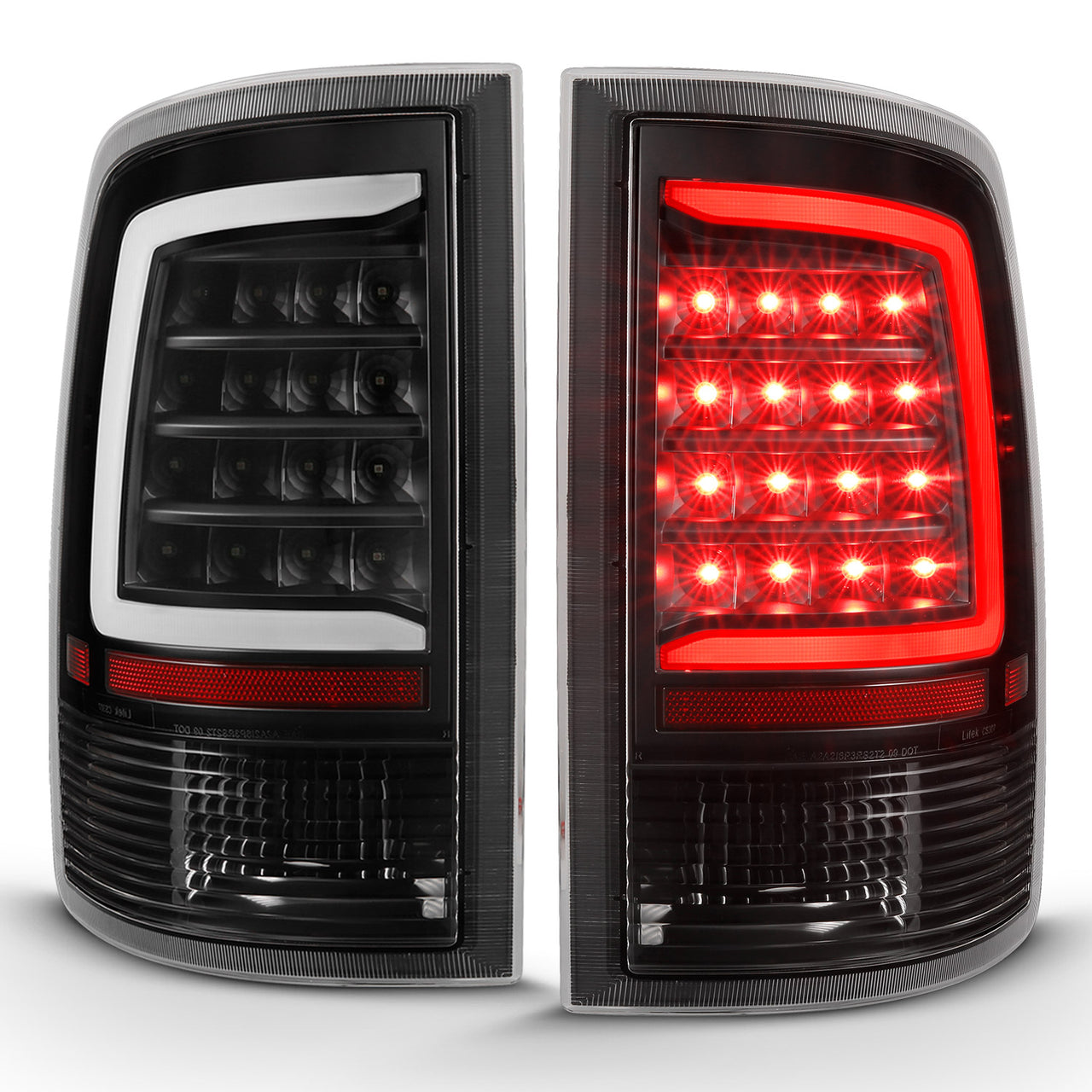 DODGE RAM 1500 09-18/ 2500 3500 10-18 LED TAIL LIGHTS BLACK HOUSING CLEAR LENS W/ C LIGHT BAR (NOT COMPATIBLE W/ ORIGINAL LED VERSION)