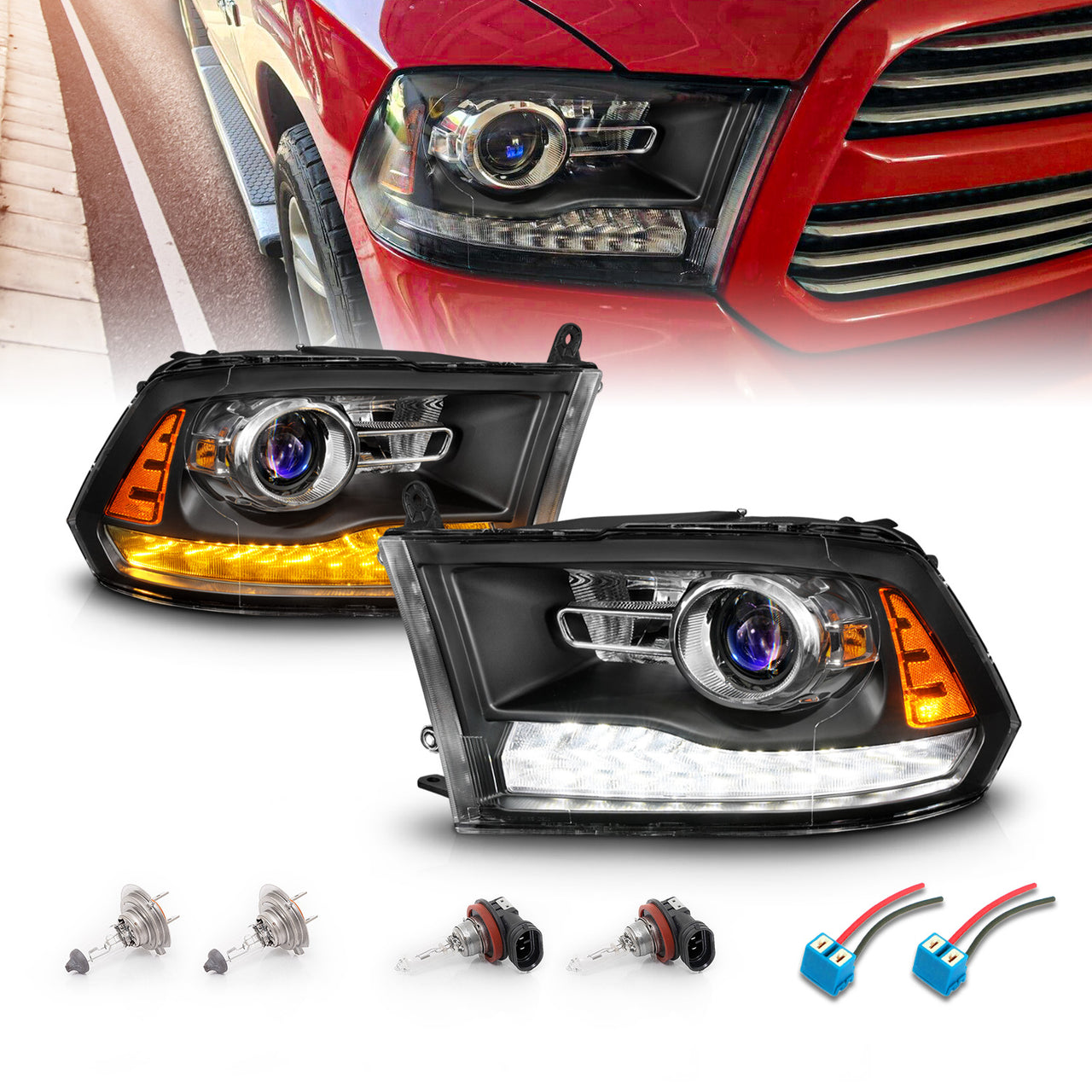 DODGE RAM 1500 09-19(09-12, W/O QUAD),  2500/3500 10-18 PROJECTOR HEADLIGHTS MIST BLACK HOUSING CLEAR LENS SEQUENTIAL LIGHT BAR
