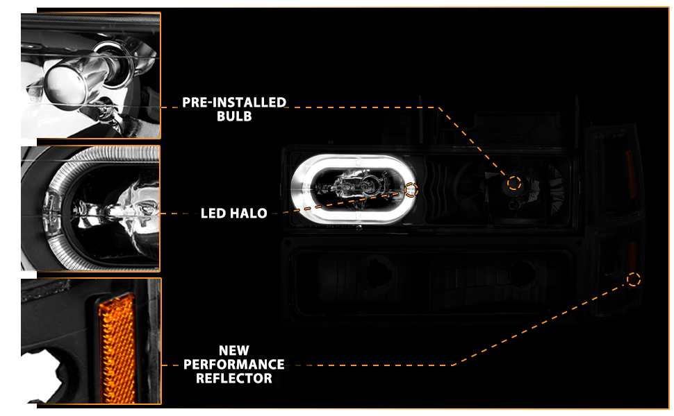CHEVY CK / C10 /SILVERADO/ TAHOE / SUBURBAN/BLAZER 94-98 CRYSTAL HEADLIGHTS HALO BLACK HOUSING W/ SIGNAL & SIDE MARKERS AMBER (8PCS)