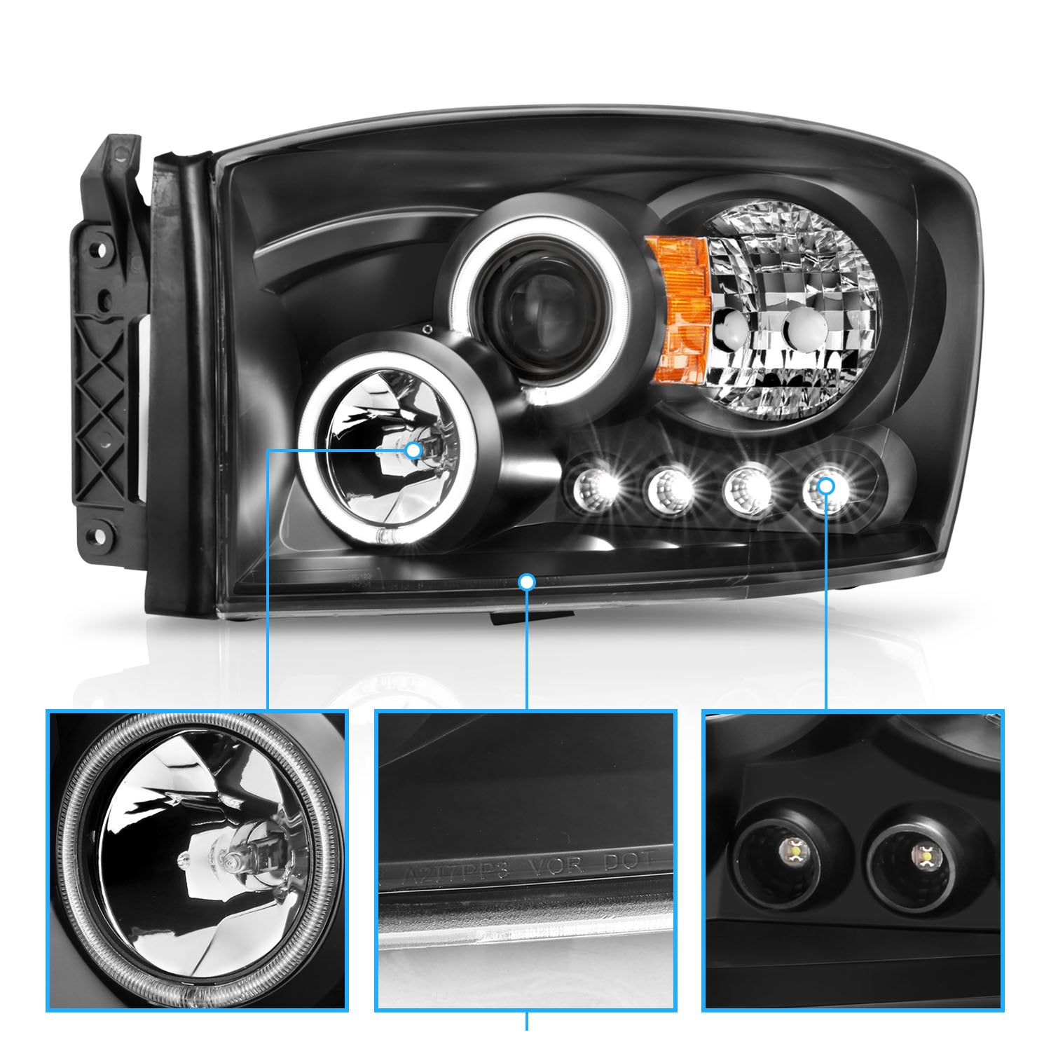 DODGE RAM 1500 06-08/ 2500/3500 06-09  PROJECTOR HEADLIGHTS HALO BLACK CLEAR AMBER