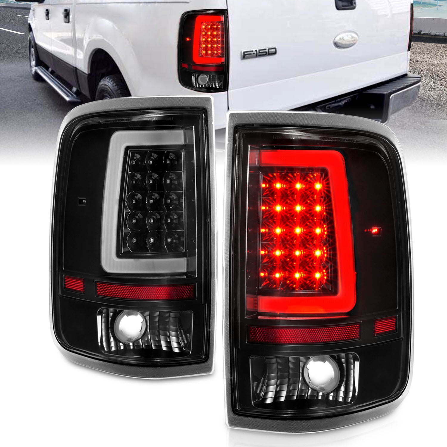 FORD F-150 04-08 LED TAIL LIGHTS BLACK HOUSING CLEAR LENS (W/ C LIGHT BAR)