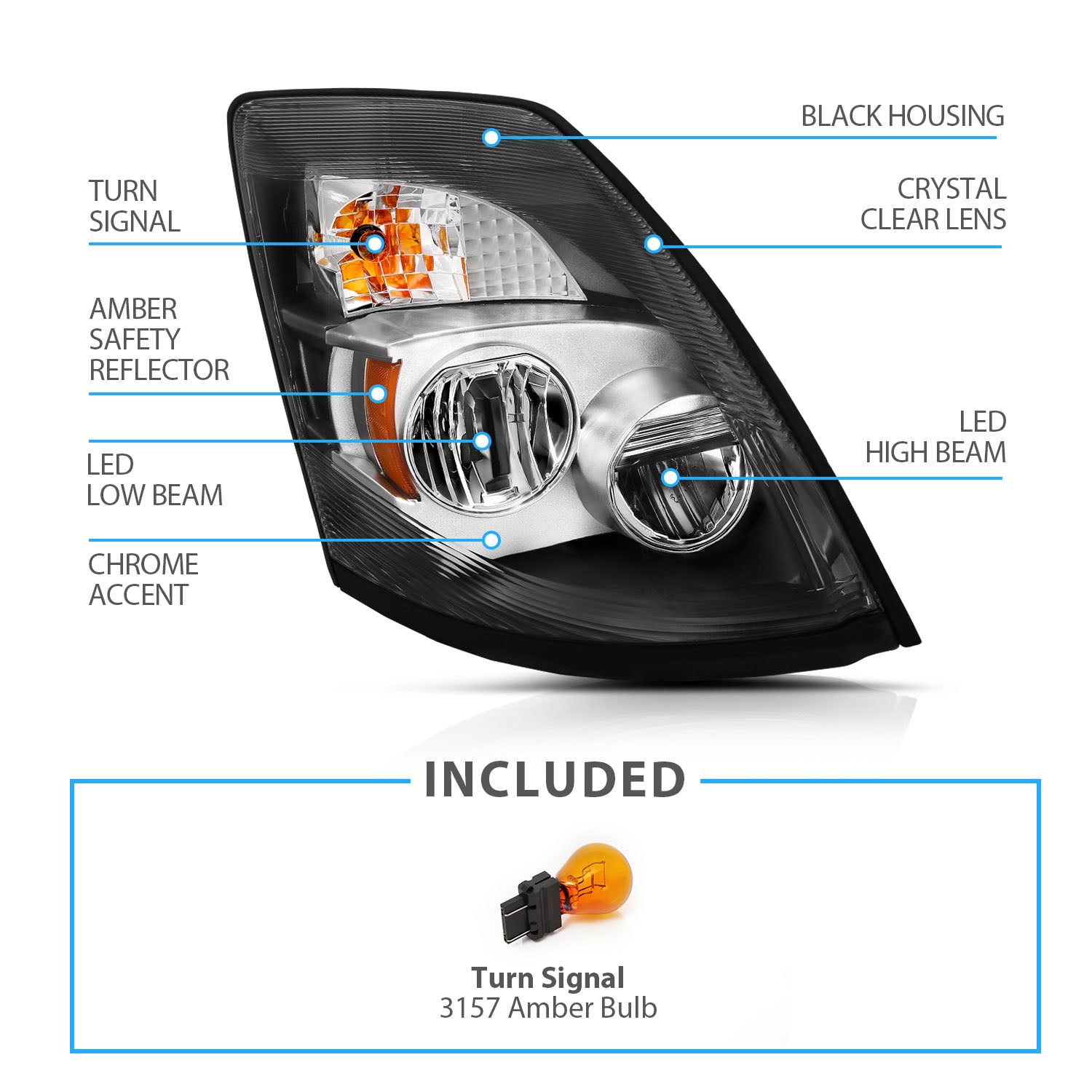 VOLVO VNX/VLN  15-16  LED H.L CHROME AMBER  (RIGHT) (VNX 300,430, 630/VNL 300,430,630,670,730,780)